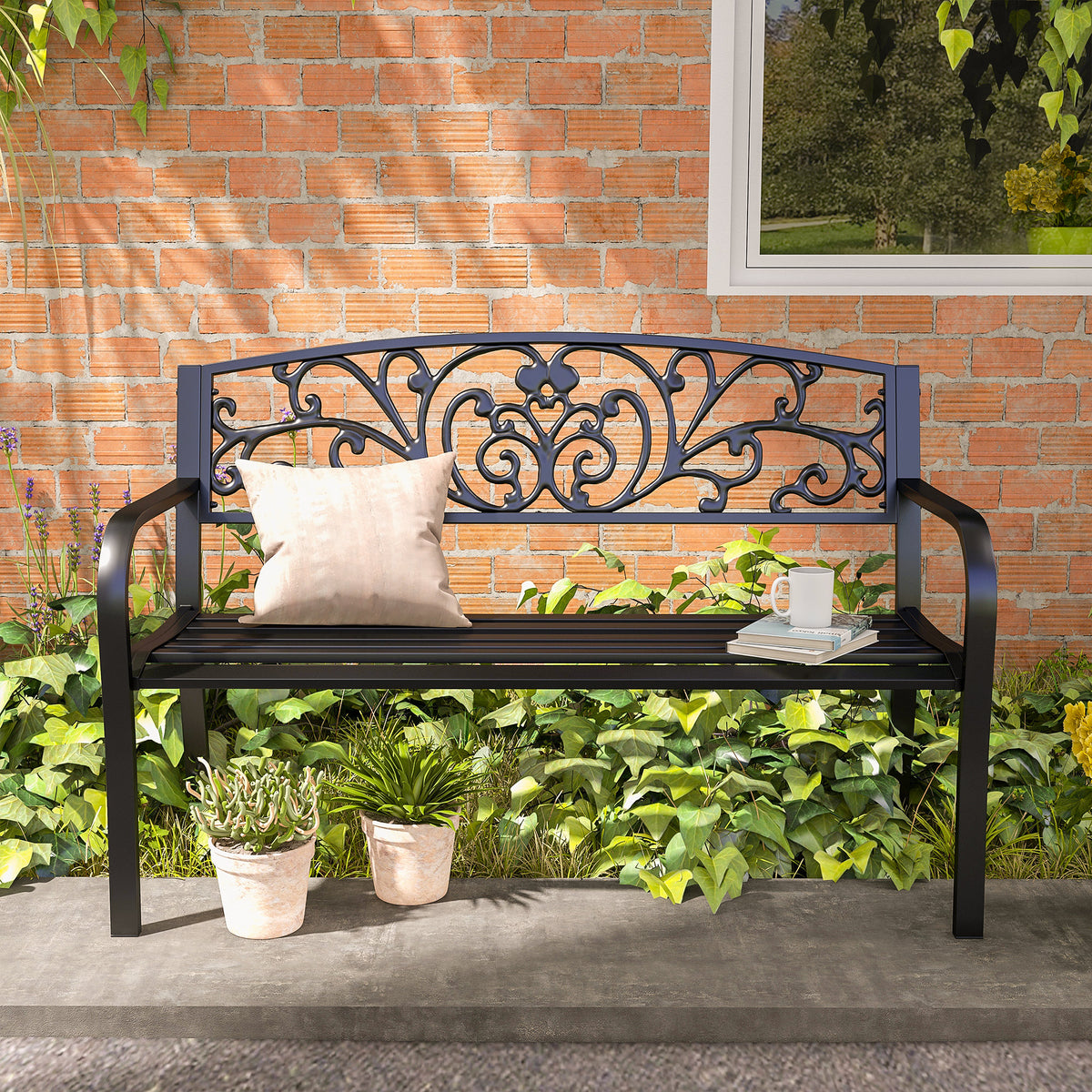 50" Blossoming Pattern Garden Decorative Patio Park Bench with Beautiful Floral Design & Relaxing Comfortable Build