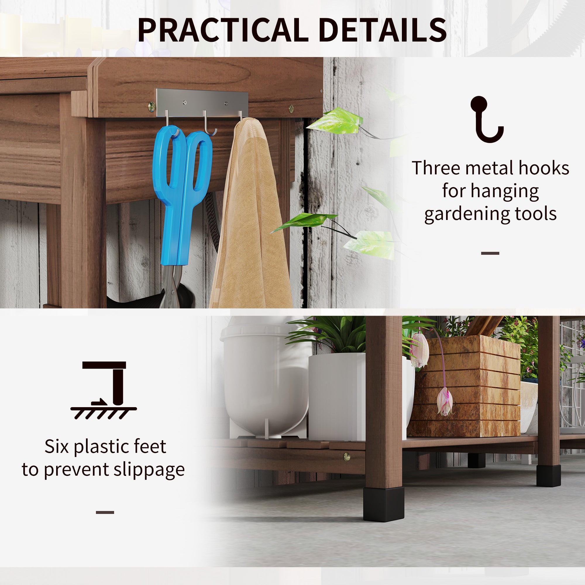 Potting Bench Table, Outdoor Garden Table Wooden Work Station with Removable Sink, Faucet, Drawer, Shelves, Hooks, Dark Brown - Coffee - Image 6