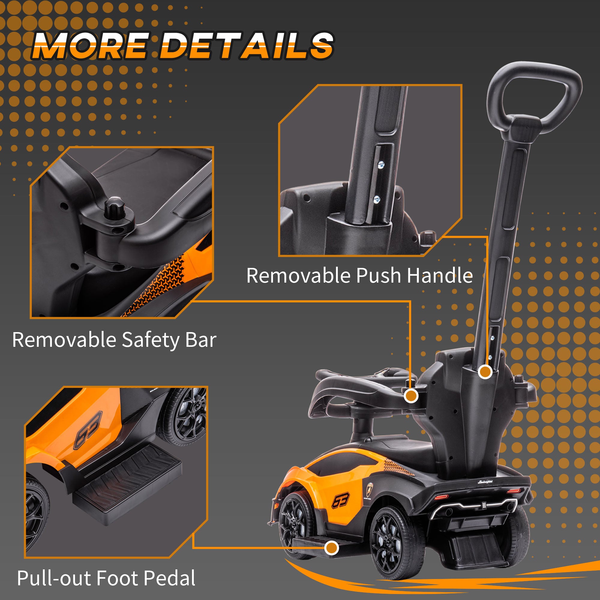 2-in-1 Ride On Push Car for Toddlers 1-3, Licensed Lamborghini Stroller Sliding Car, Push-Along with Under Seat Storage Horn Engine Sound and Steering Wheel, Manual, Orange