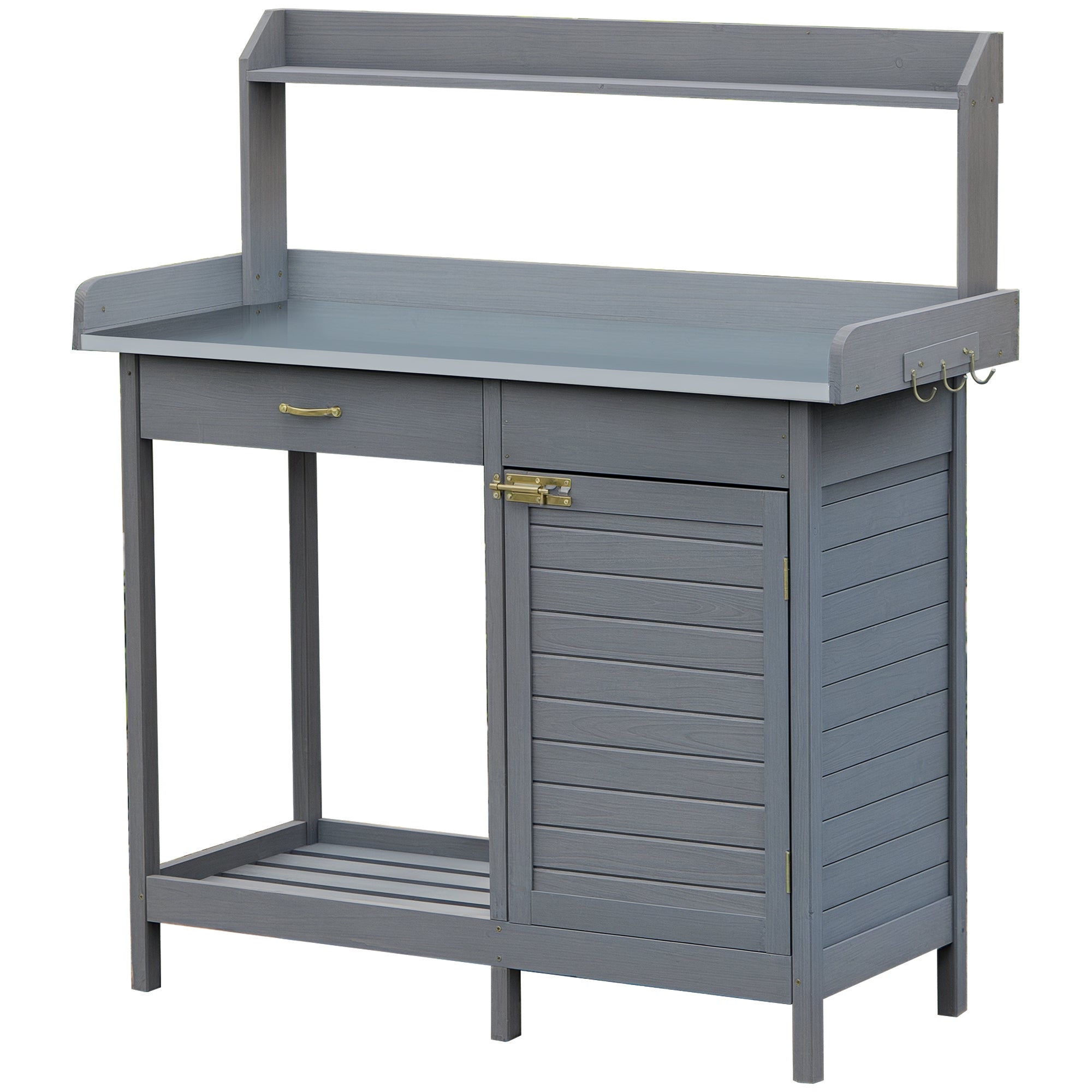 Outdoor Potting Bench Table, Garden Work Station with Storage Cabinet, Open Shelf and Steel Tabletop, Gray - Grey