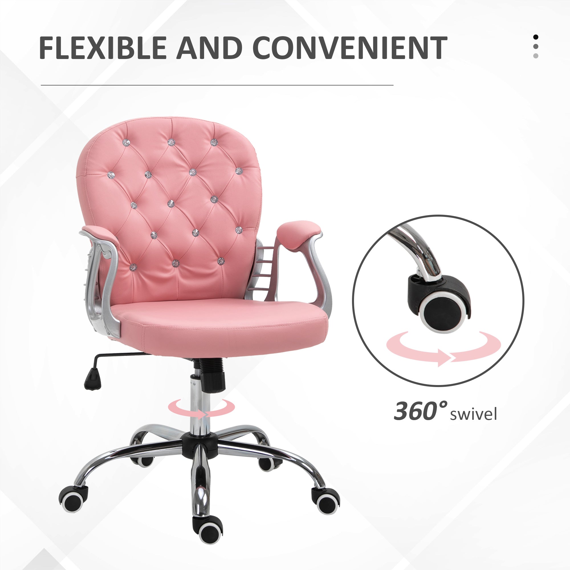 Makeup Vanity Chair, PU Leather Computer Task Chair with Button Tufted, Padded Armrests, Adjustable Height and Swivel Wheels, Pink