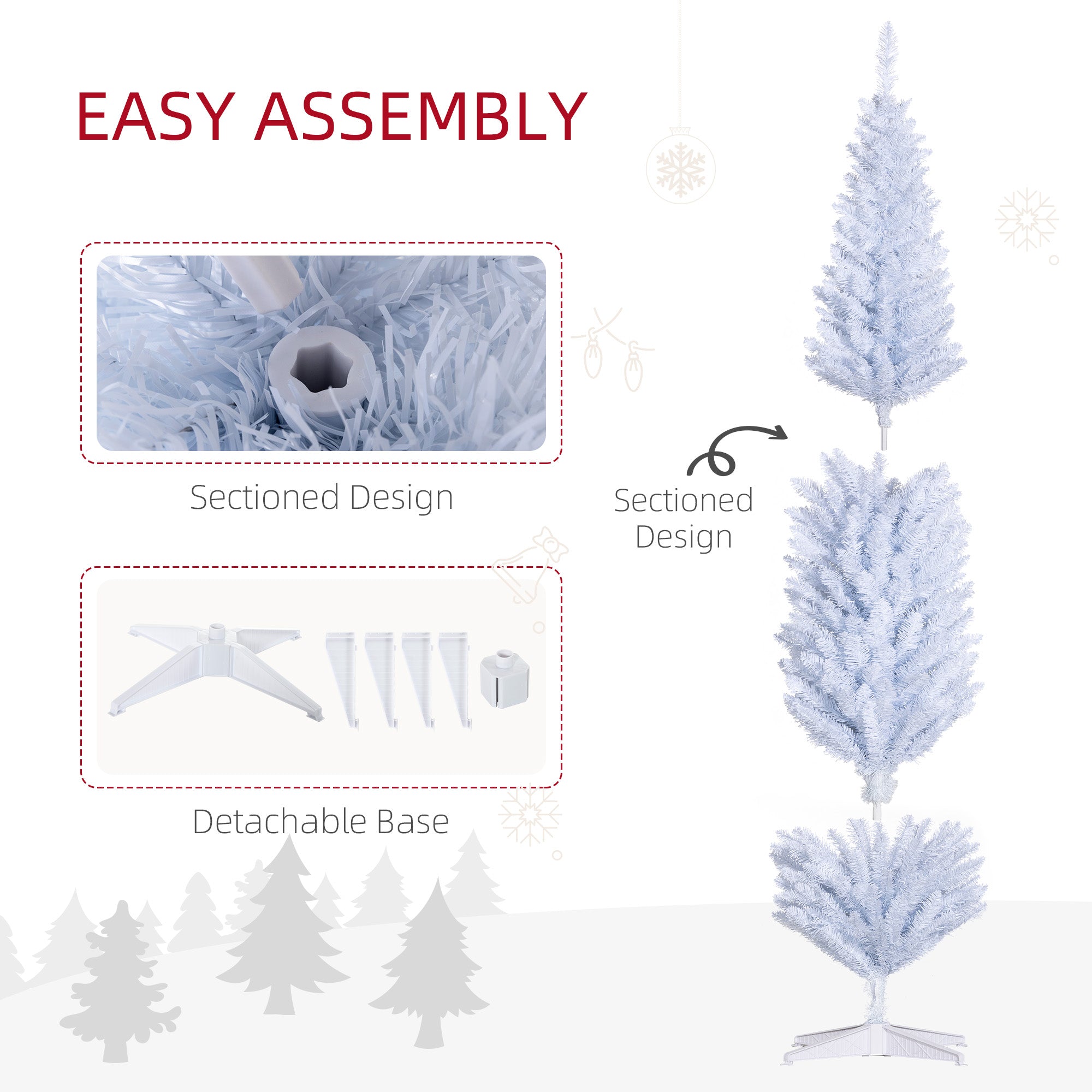 8ft Unlit Pencil Artificial Christmas Tree with Realistic Branches and 618 Tips, Plastic Base, White
