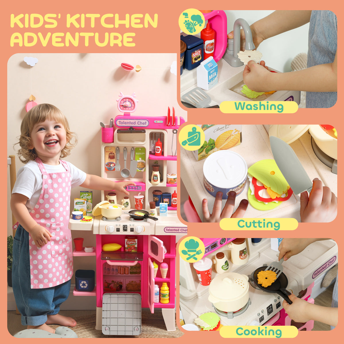 Qaba Pretend Play Kitchen Set with Realistic Lights & Sounds, 104PCS Toy Kitchen Accessories for Boys and Girls, Pink