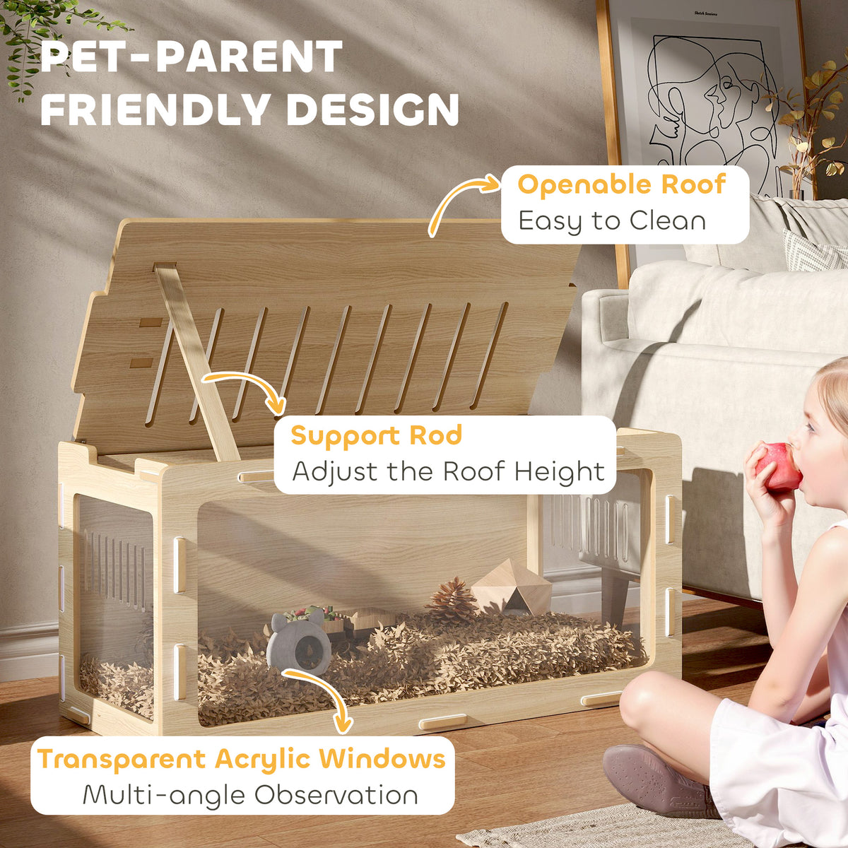 Hamster Cage with Easy View Acrylic Panels, Air Vents & Openable Roof, for Gerbil, Guinea Pig, 39" x 20" x 18.5", Oak