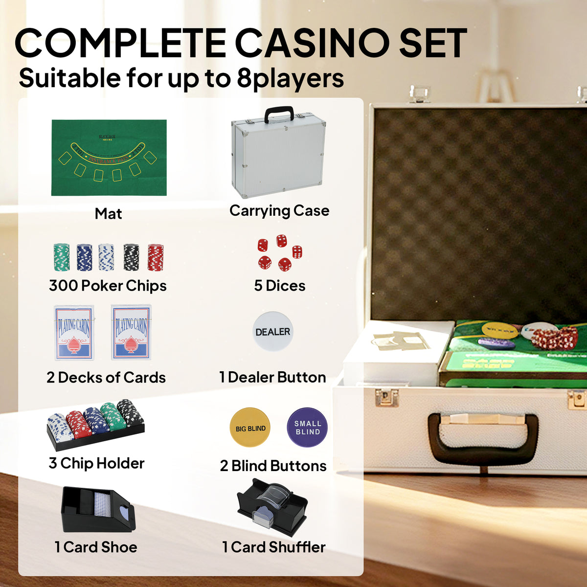 Poker Chip Set with Aluminum Case, Card Shuffler, 300 Chips, 2 Decks of Cards, Dealer Button for Texas Holdem Blackjack