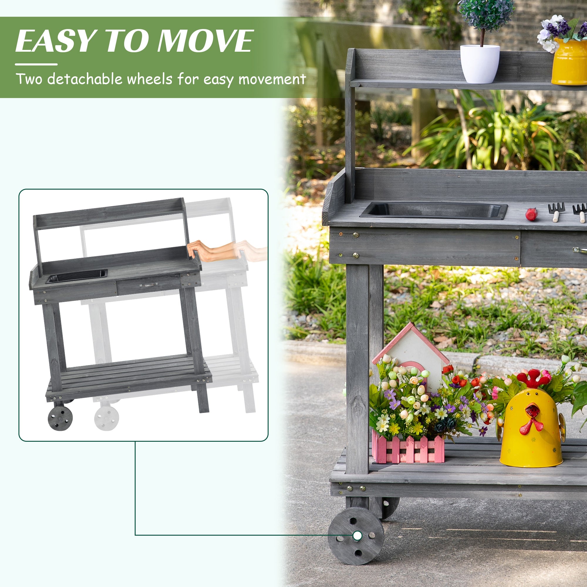 36" Wooden Potting Bench Work Table with 2 Removable Wheels, Garden Workstation with Removable Sink, Drawer & Large Storage Spaces, Gray - Gray - Image 6