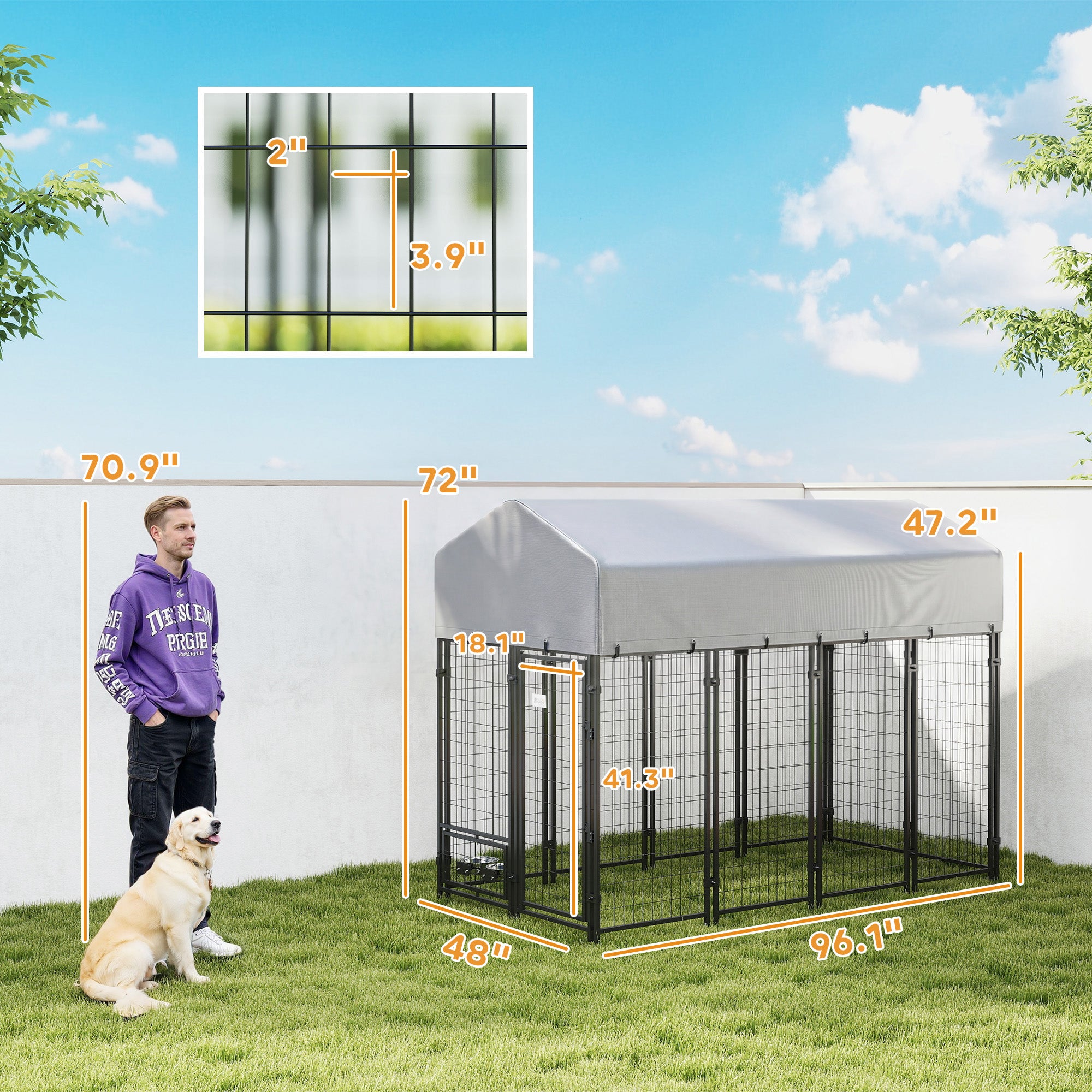 8' x 4' x 6' Outdoor Dog Kennel, Dog Kennel Outside Run with 360° Rotating Bowls, Waterproof & UV Resistant Cover - Silver - Image 3