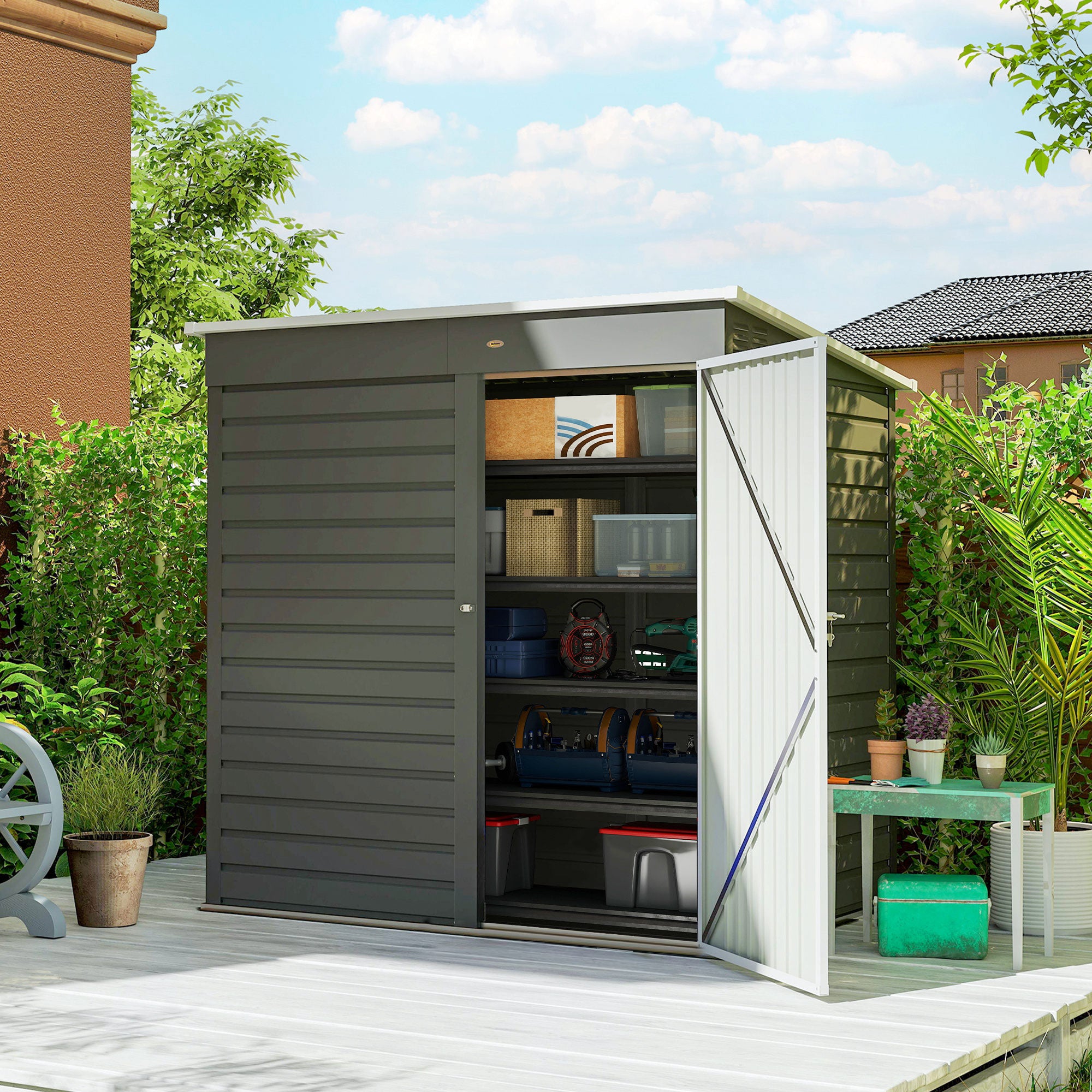 6' x 4' Outdoor Garden Shed, Metal Storage Shed with Lockable Door and Gloves for Backyard Garden Patio, Light Gray - Light Gray - Image 2