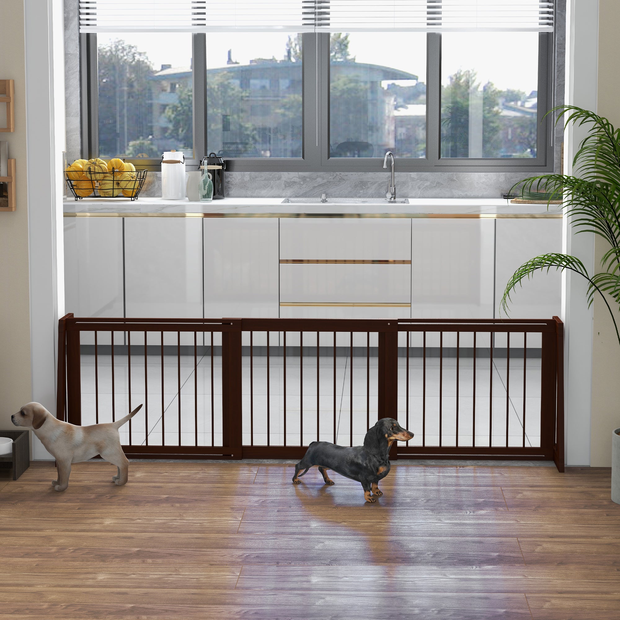 28"-75" Freestanding Wooden Pet Gate with Support Feet & Non-Slip Mats for Indoor, Stairway, Doorway, Brown - Brown - Image 2