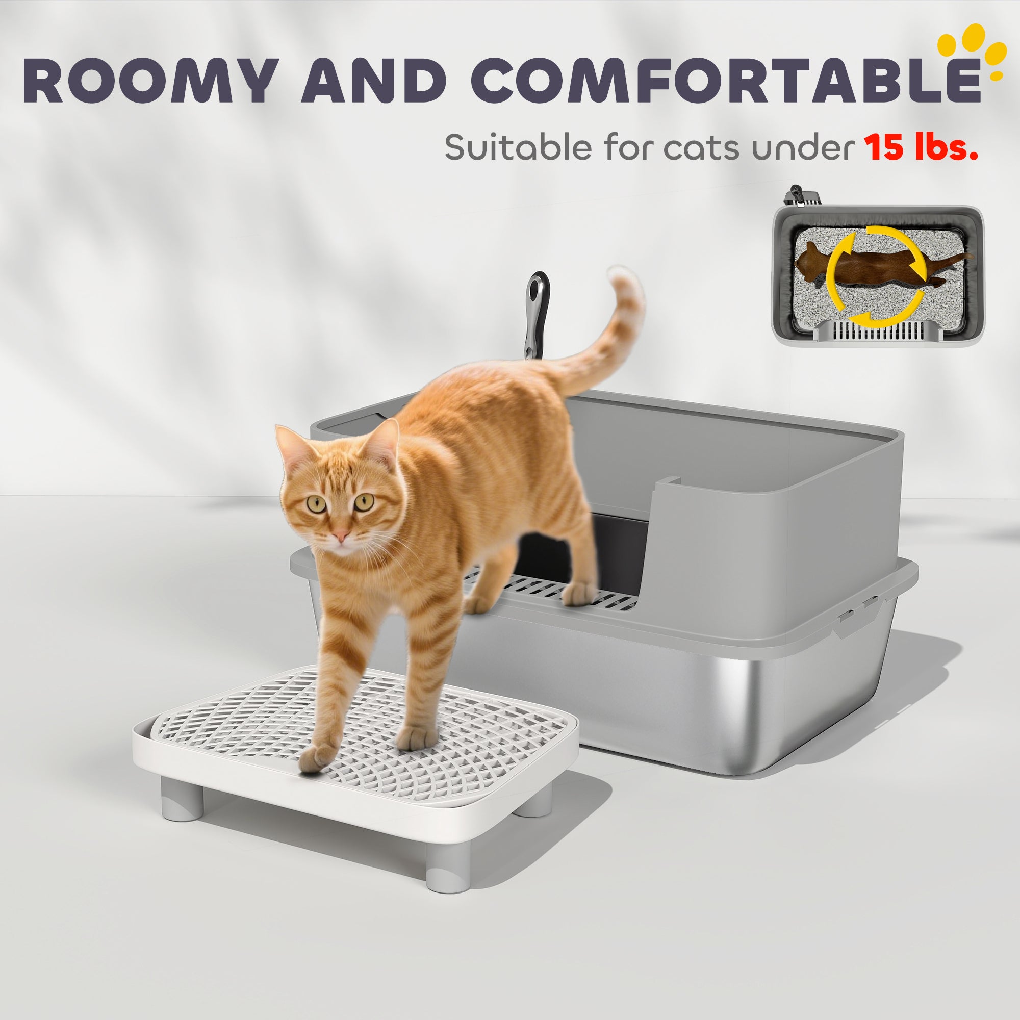 Stainless Steel Litter Box with High Sides, Metal Cat Litter Box with Scoop, Pedal, Anti-Urine Leakage, Non-Sticky - Gray - Image 7