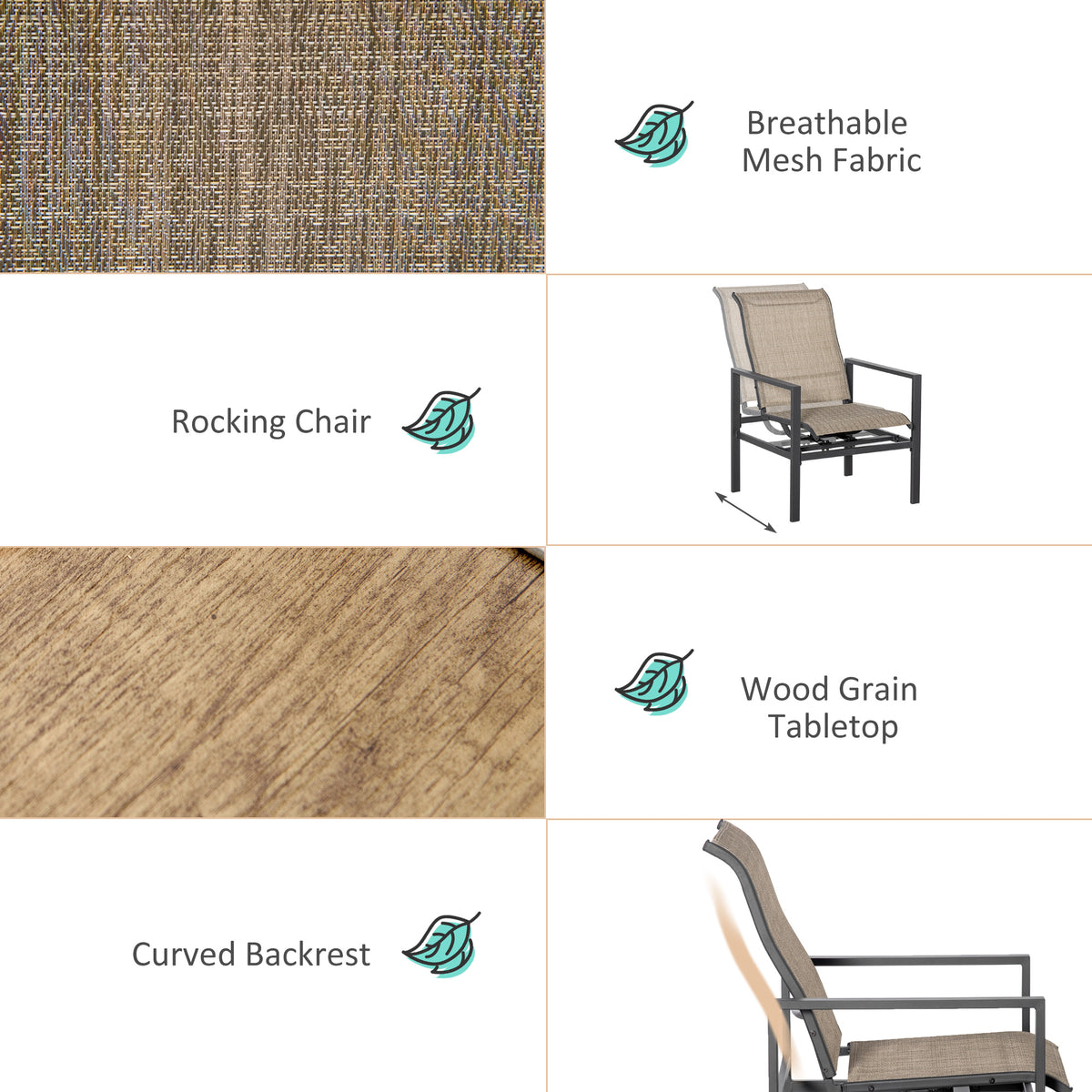 5 Piece Garden Patio Dining Set, Dinner Table with Built-in Ice Bucket Insert, 4 Rocking Chairs, Beige