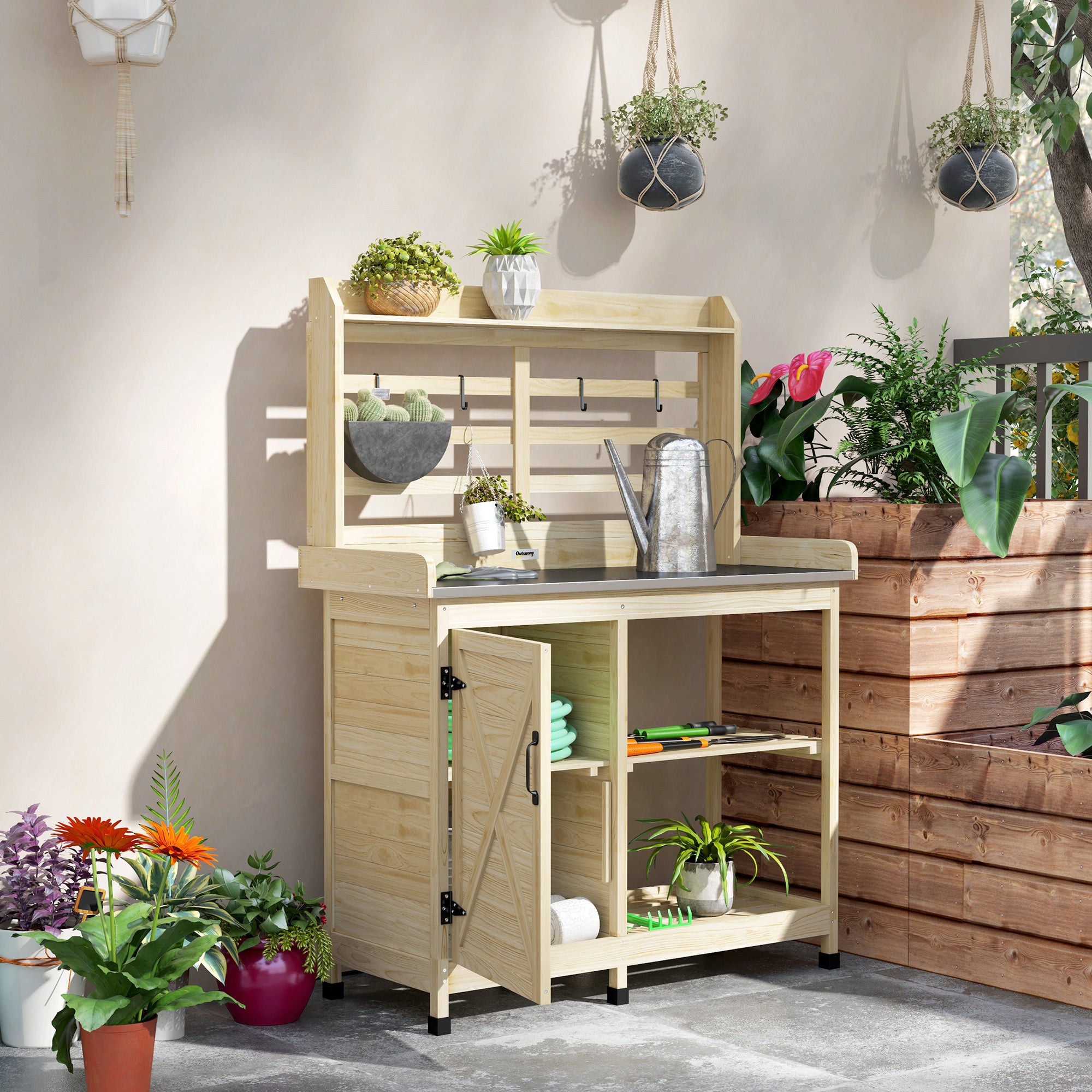 Wooden Potting Bench with Storage, Sink, Water Tap for Backyard, Patio, Balcony, Natural - Natural Wood - Image 2