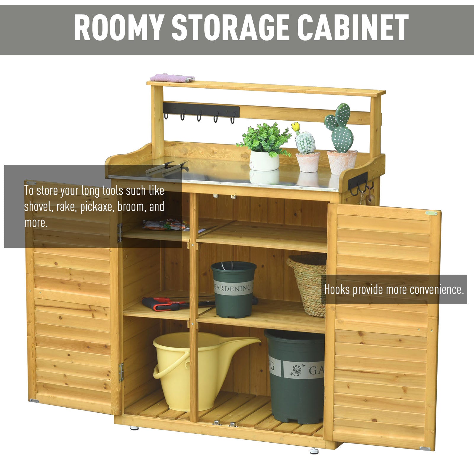 Backyard Garden Tool Storage Shed, Outdoor Storage & Potting Bench with 2 Magnetic Close Doors & Large Interior Storage Space - Yellow - Image 5