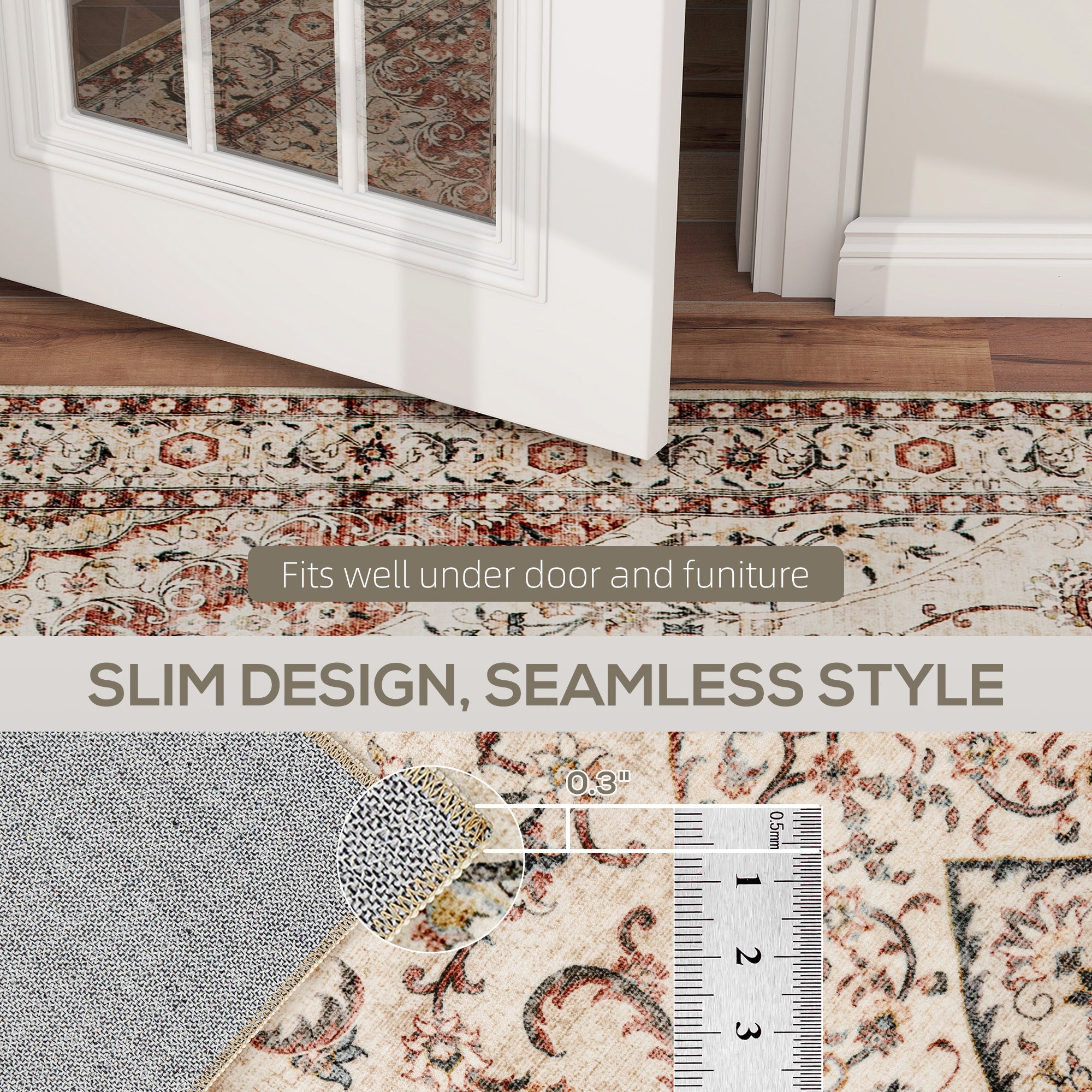 Area Rug 5x7, Machine Washable Rug, Non-Slip Classical Floral Print Floor Carpet for Living Room, Bedroom, Mixed-Brown