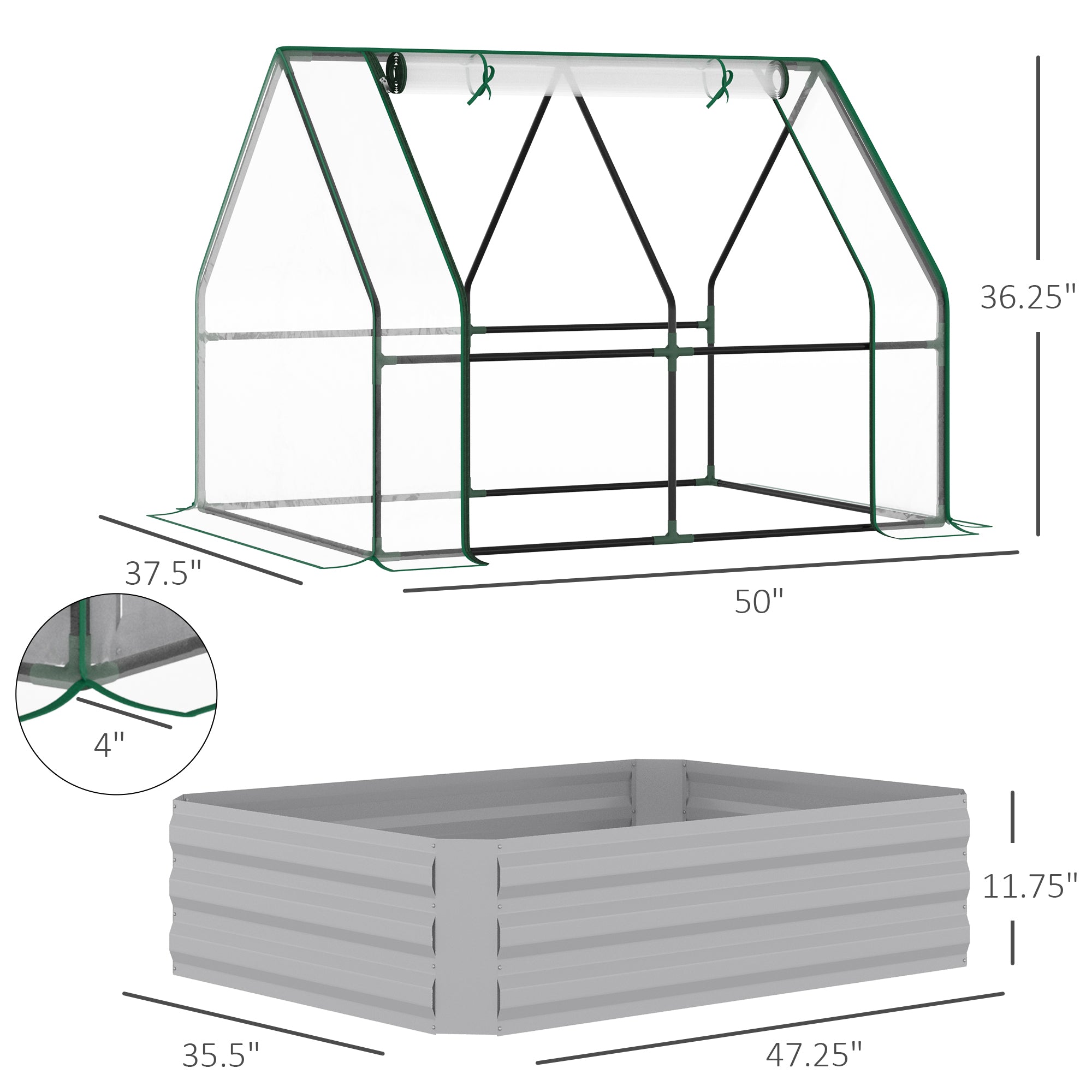 Raised Garden Bed with Cover, Outdoor Galvanized Metal Planter Box Kit, 4 x 3 ft Mini Greenhouse with 2 Large Screen Windows, for Growing Flowers, Vegetables and Herbs, Clear - Clear - Image 3