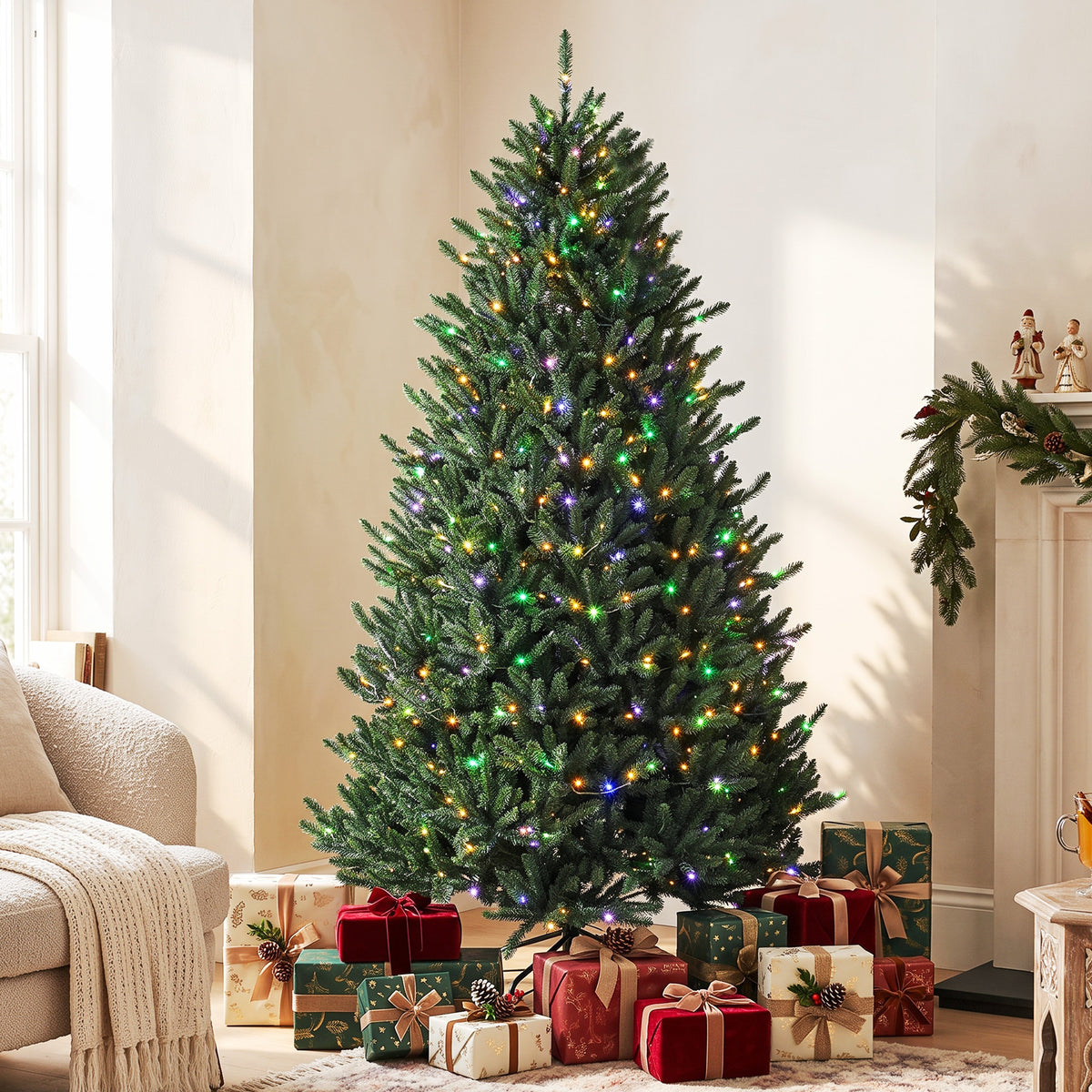 7.5ft Prelit Christmas Tree, Colorado Blue Spruce, Easy Plug, Hinged Xmas Tree with Warm White & Multi-Color LED Lights