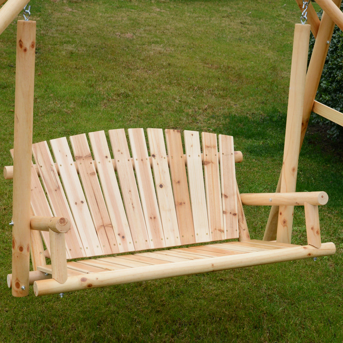 2-Seat Wooden Swing Bench, Ergonomic Design, 'A' Frame Construction, Stable and Non-Slip, Solid Wood Frame Log Garden Swing, for Outdoor and Indoor, Natural Wood