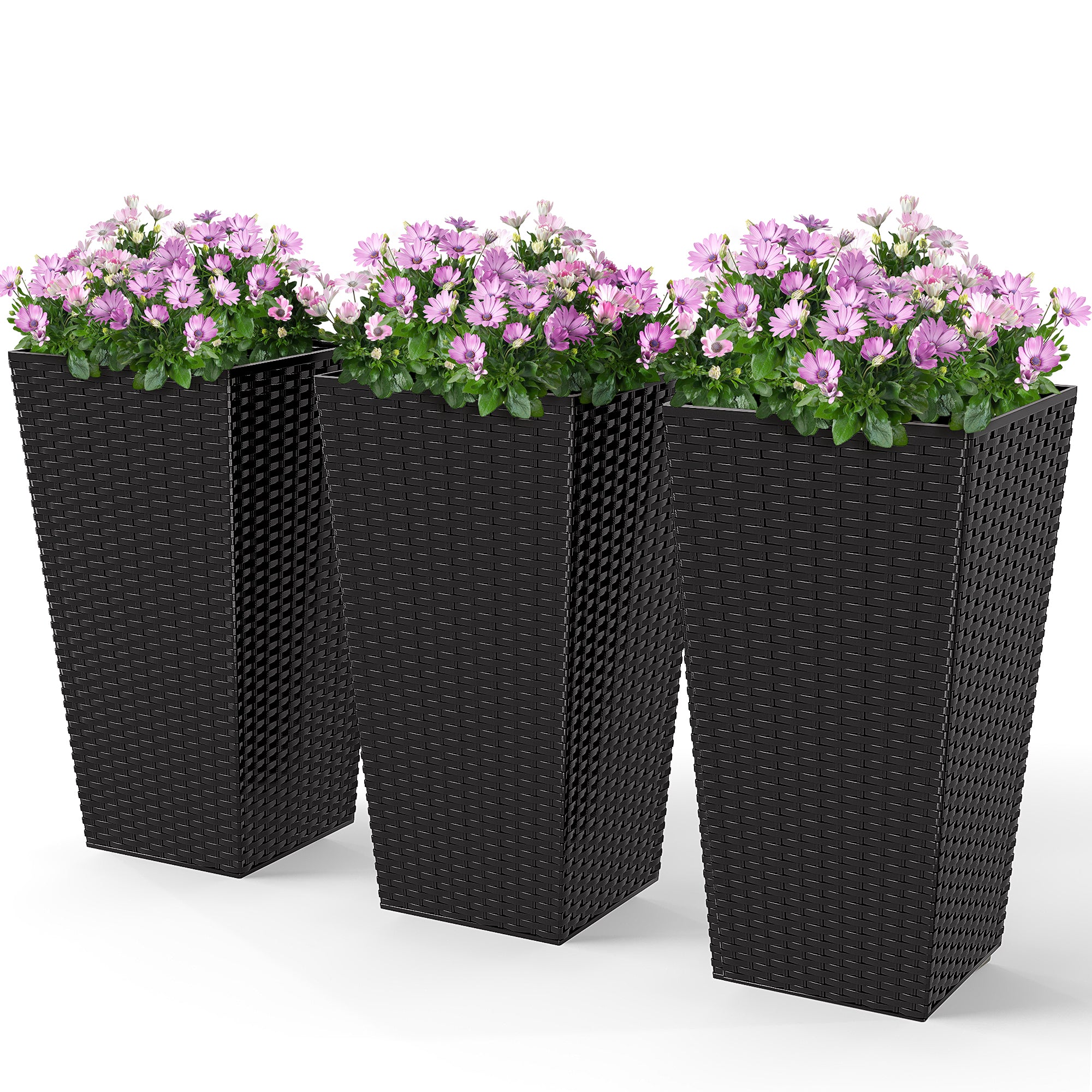 Tall Planters for Outdoor Plants Set of 3, 24 In Taper Planters with Drainage Holes, Rattan Decor Plant Pots for Indoor Outdoor Front Porch Patio Backyard, Black - Black