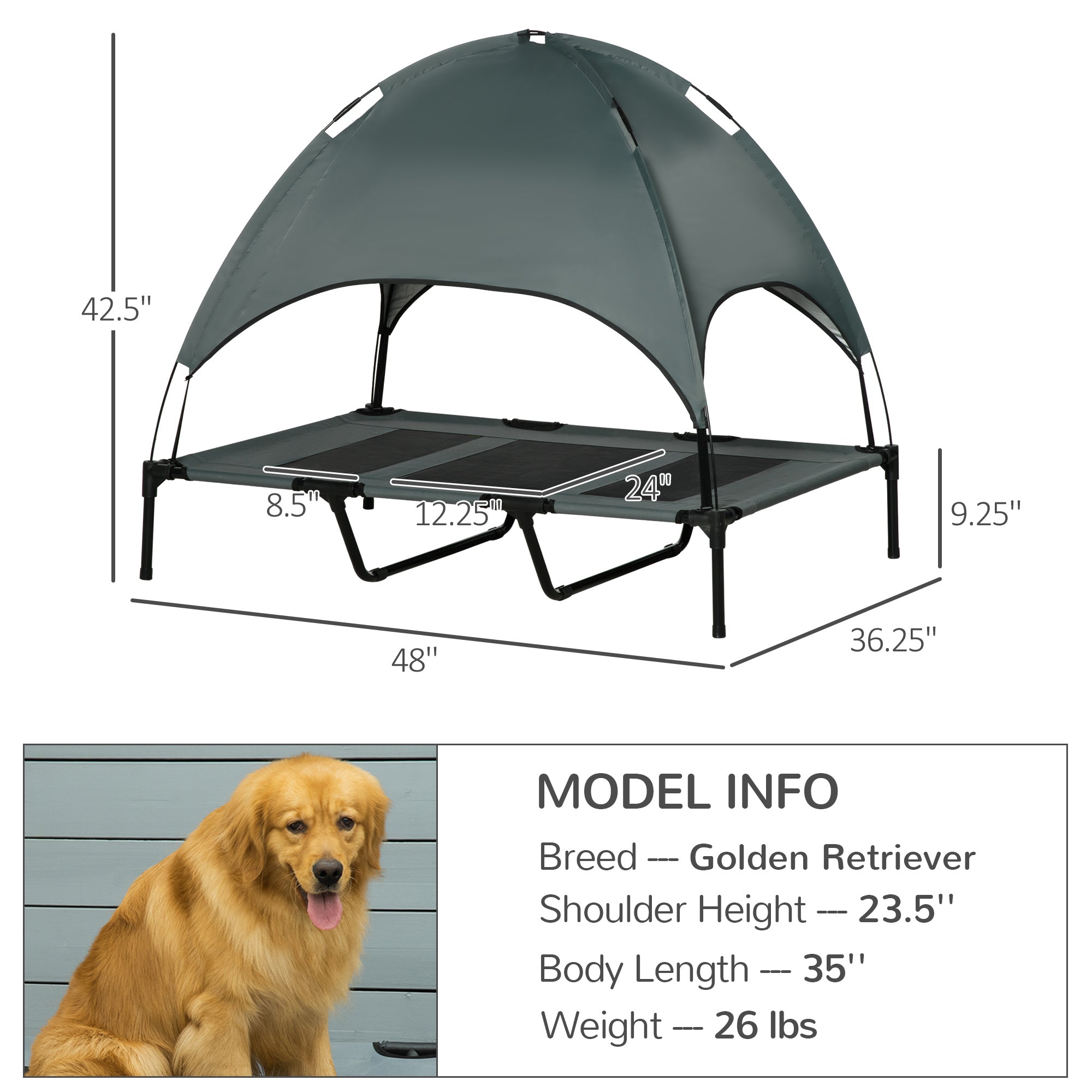 48" x 36" Elevated Portable Dog Cot Cooling Pet Bed with UV Protection Canopy Shade - Grey - Image 3