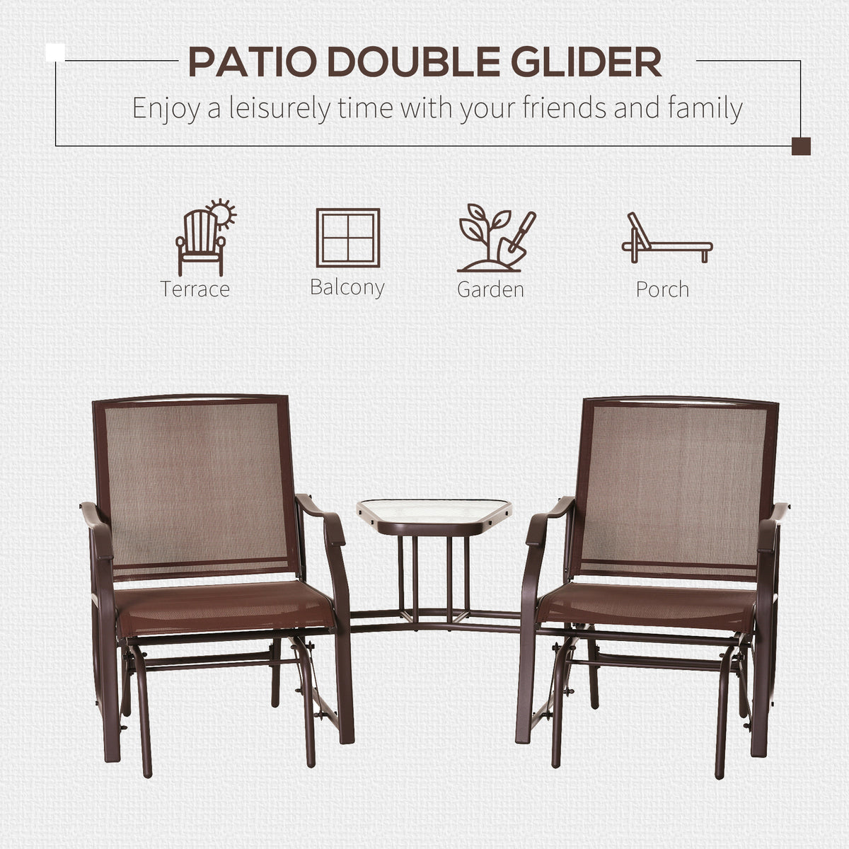 Outdoor Glider Chairs with Coffee Table, Patio 2-Seat Rocking Chair Swing Loveseat with Breathable Sling for Backyard, Garden, and Porch, Coffee Brown