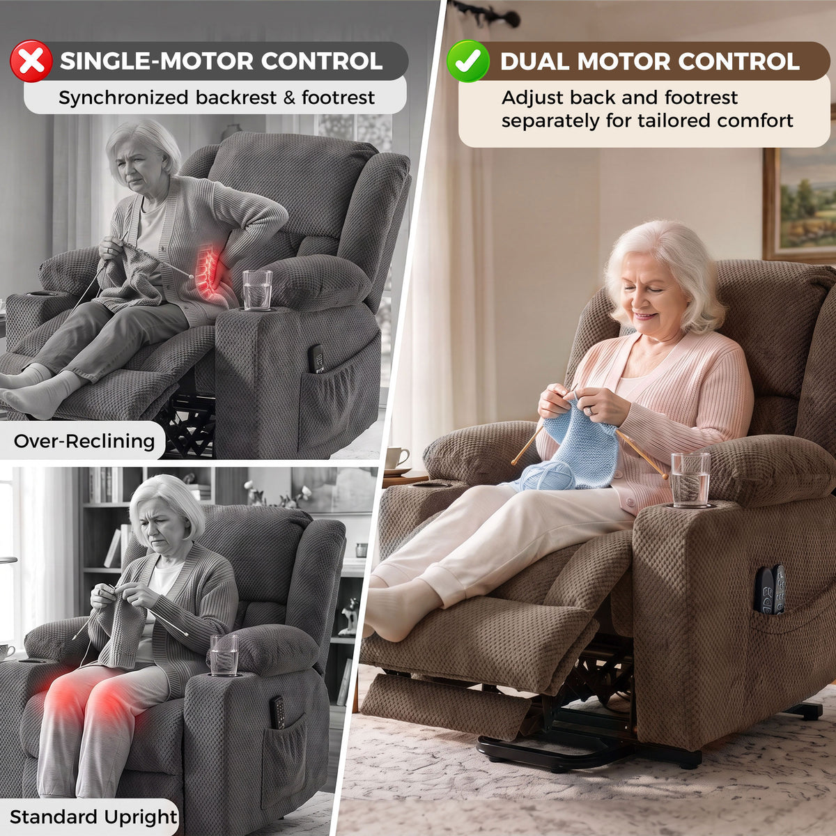 Dual Motor Power Lift Recliner Chair with Massage and Heat for Elderly, 180° Flat Recline, Wide Seat, Dark Brown