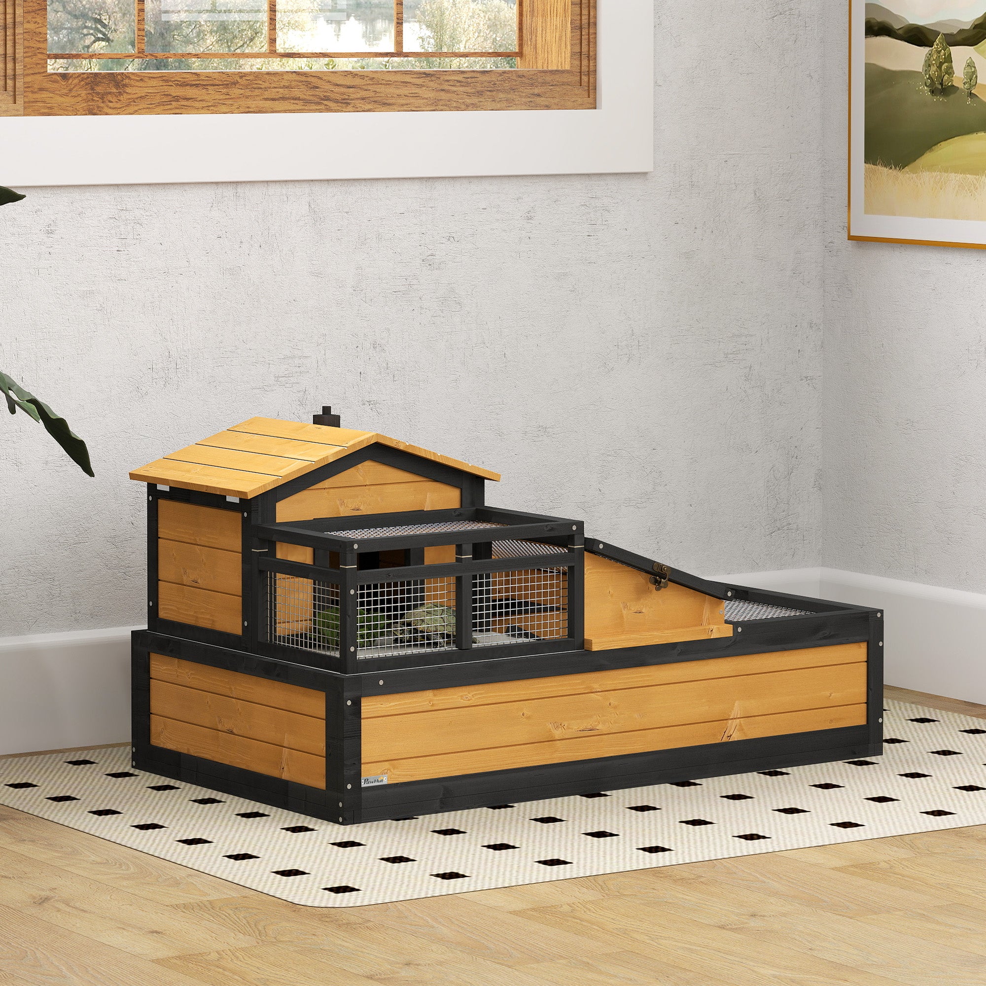 3-Room Tortoise Habitat House w/ Balcony & 2 Stories, 44" x 25.5" x 25", Yellow - Yellow - Image 2