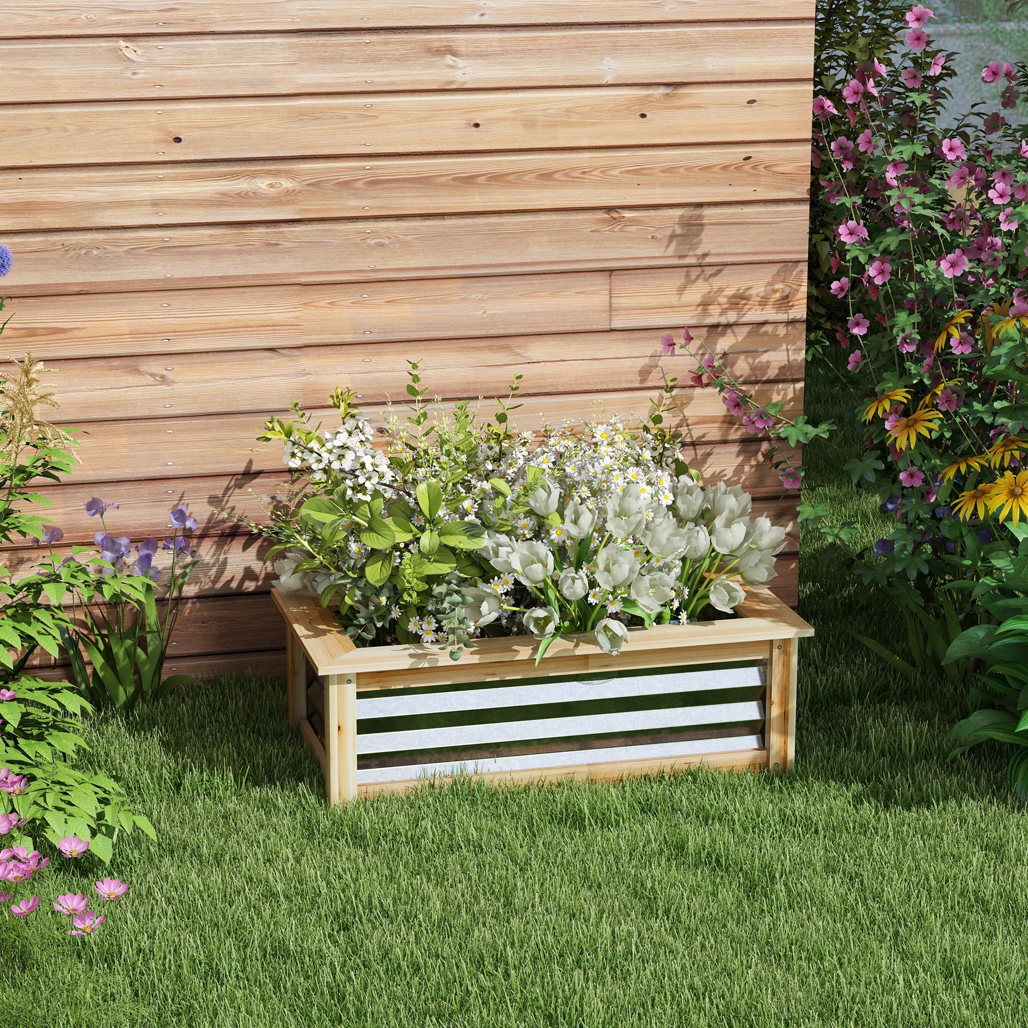 Raised Garden Bed, Planter Box, Metal and Wood Combined, for Growing Flowers, Herbs and Vegetables - Silver, Natural - Image 6