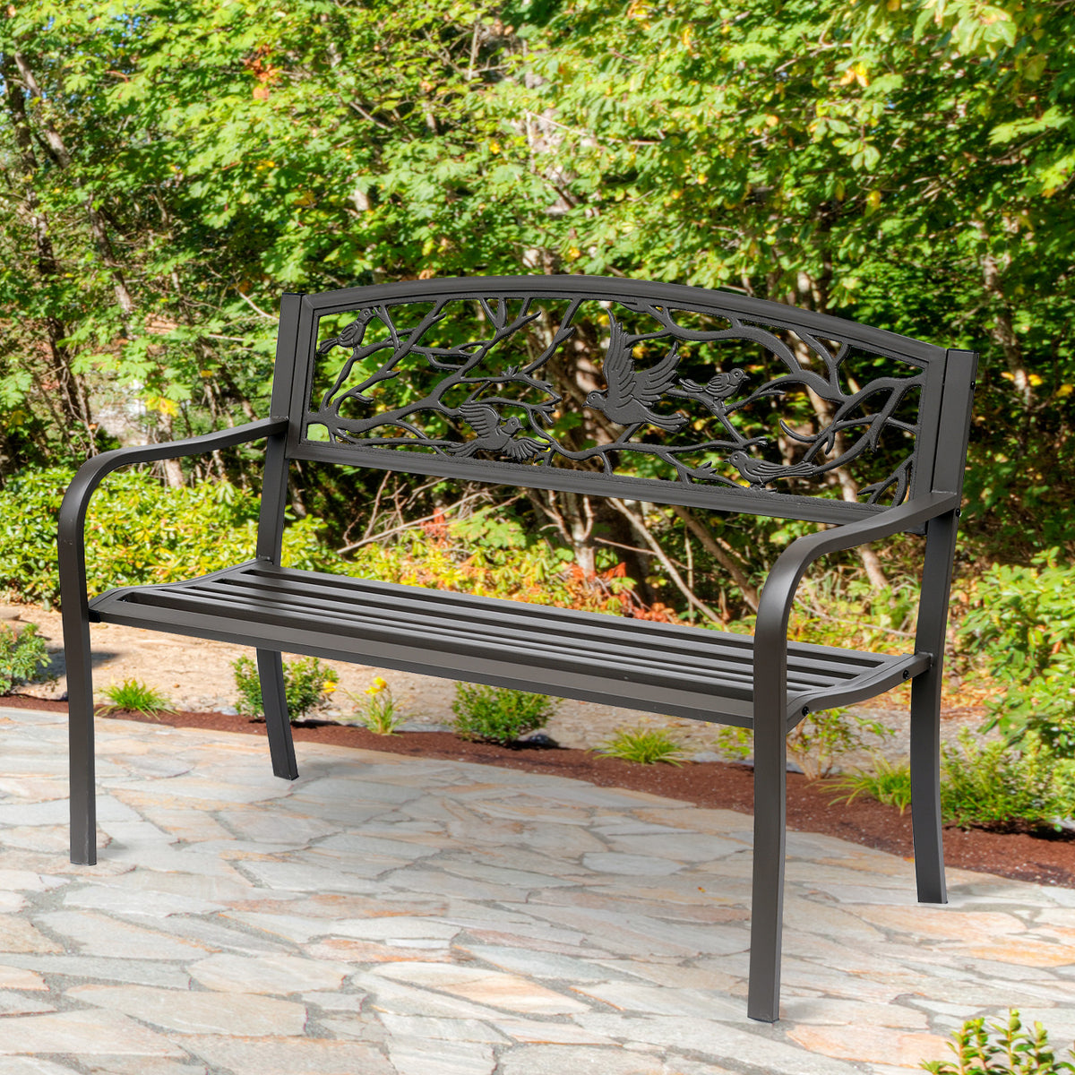50" Vintage Bird Pattern Garden Cast Iron Patio Bench - Brown