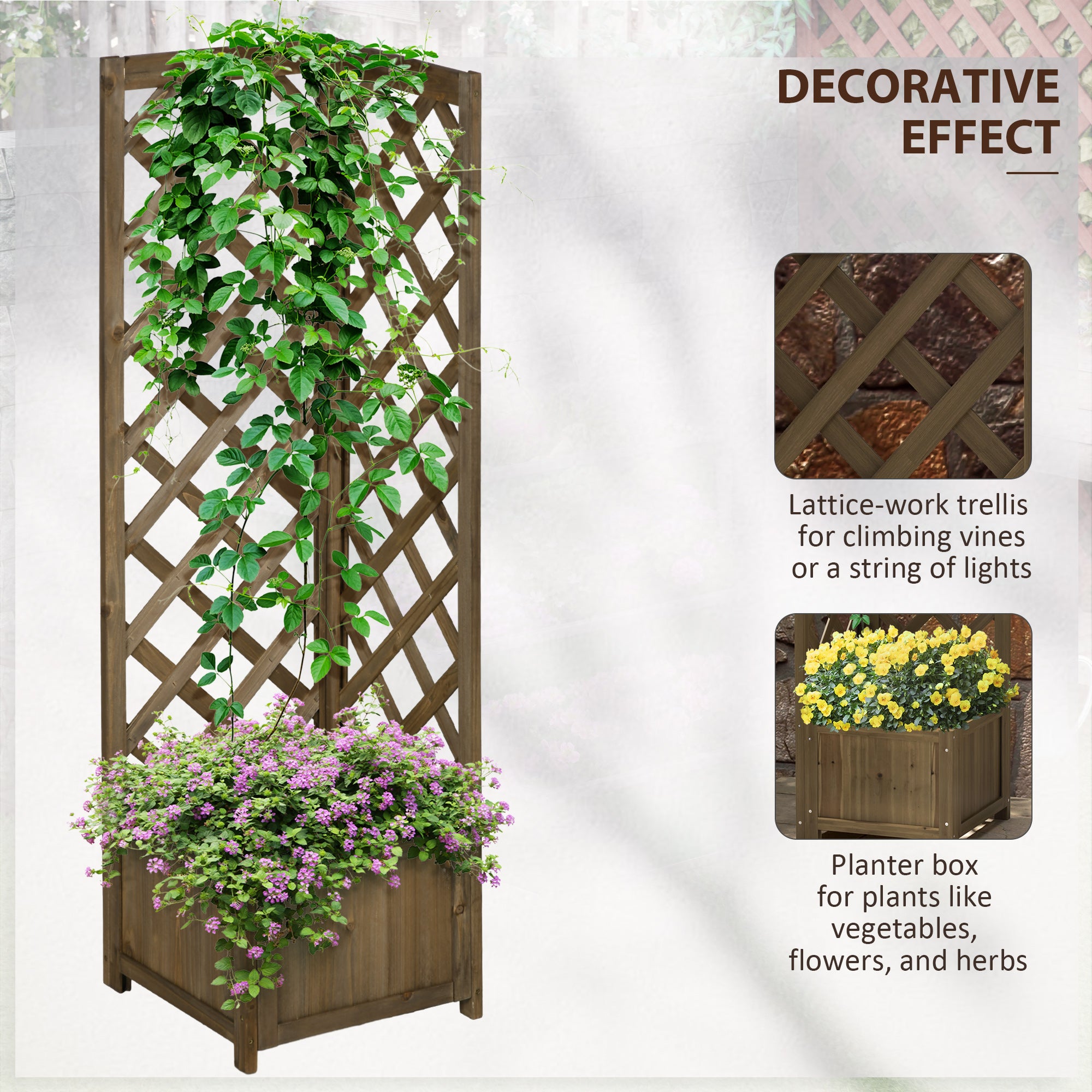 Wooden Raised Garden Bed, Planter with Trellis for Vine Climbing and Vegetables, Herbs and Flowers Growing, Carbonized - Carbonized - Image 4