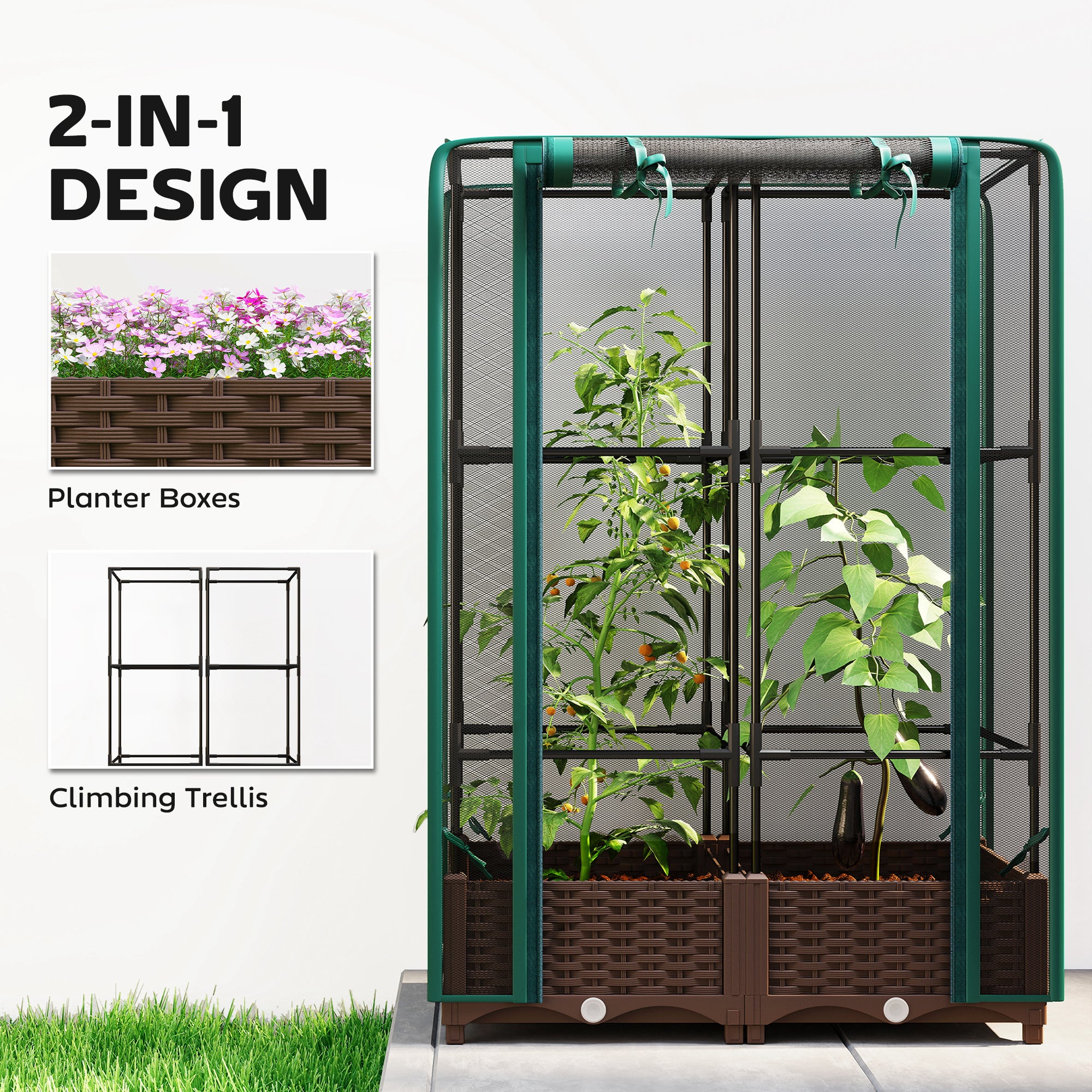 Raised Garden Bed with Trellis, 46.5" Tomato Cage with Crop Cage, Self Watering Planter Box with Drainage Holes, Green - Green - Image 4
