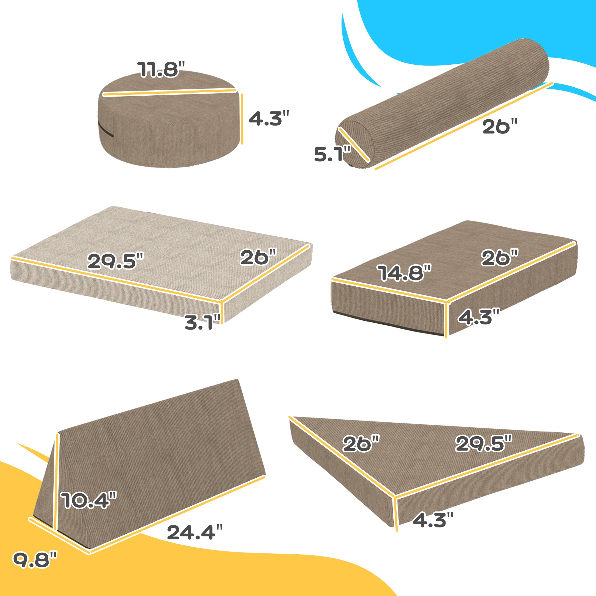 12 Pieces Kids Foam Climbing Blocks with Washable Cover for Toddlers, Khaki