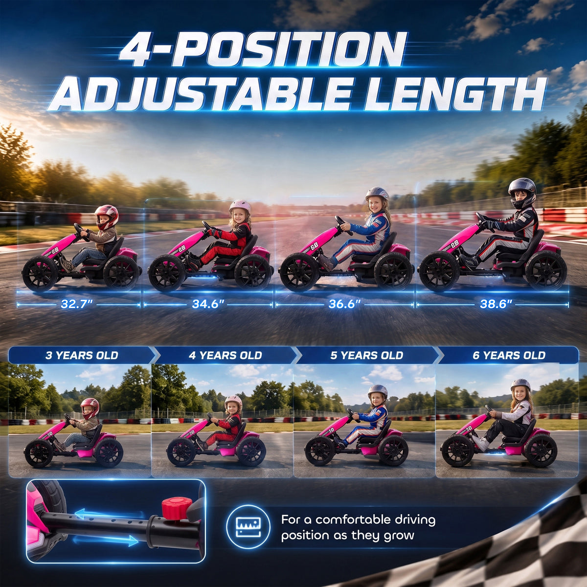 12V Electric Go Kart for Kids with Dual Motors, Adjustable Seat, Soft Start, LED Lights, EVA Wheels, for Age 3-6, Pink