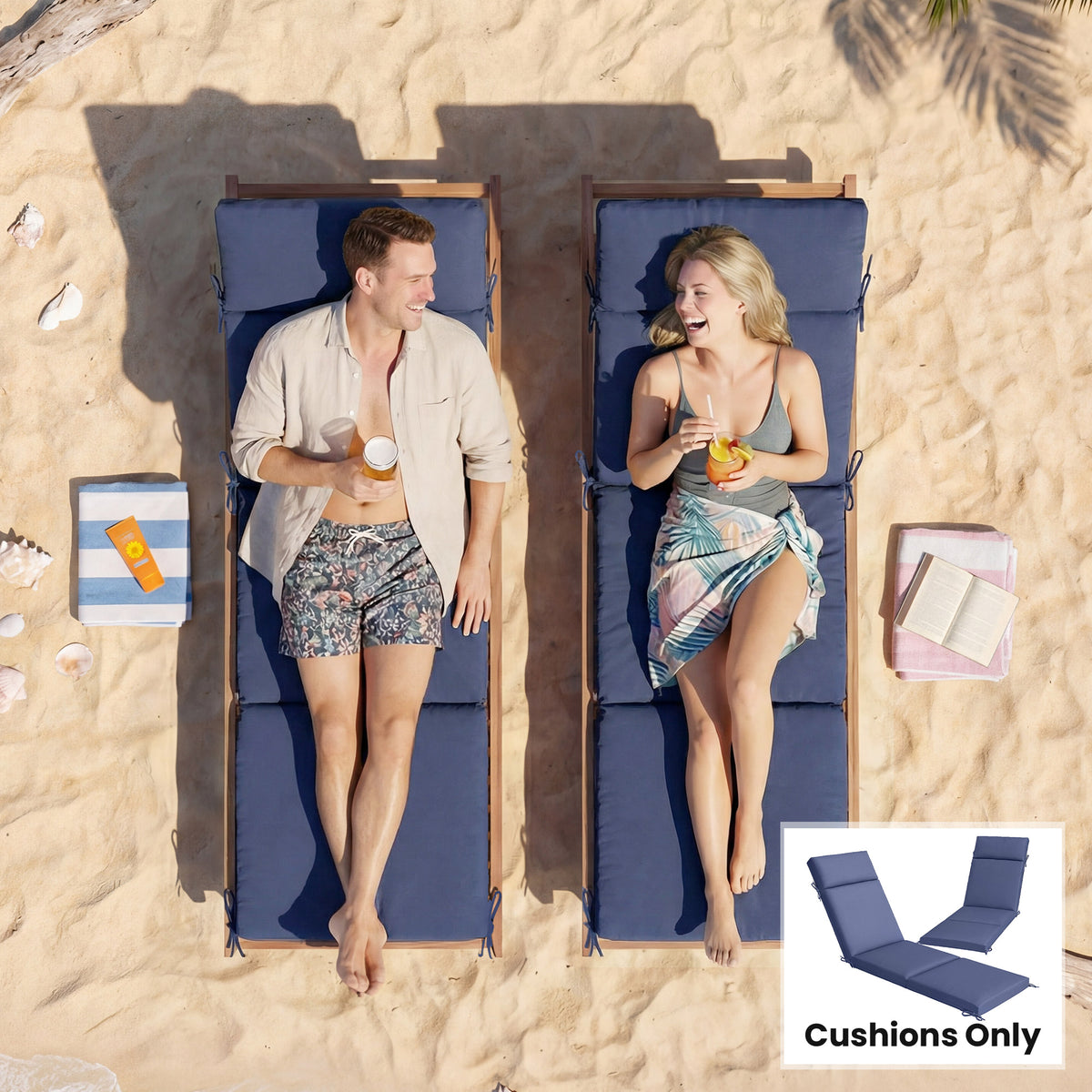 Outdoor Chaise Lounge Cushions Set of 2 with 6 Ties, High-Density Foam, for Patio and Poolside, Navy Blue