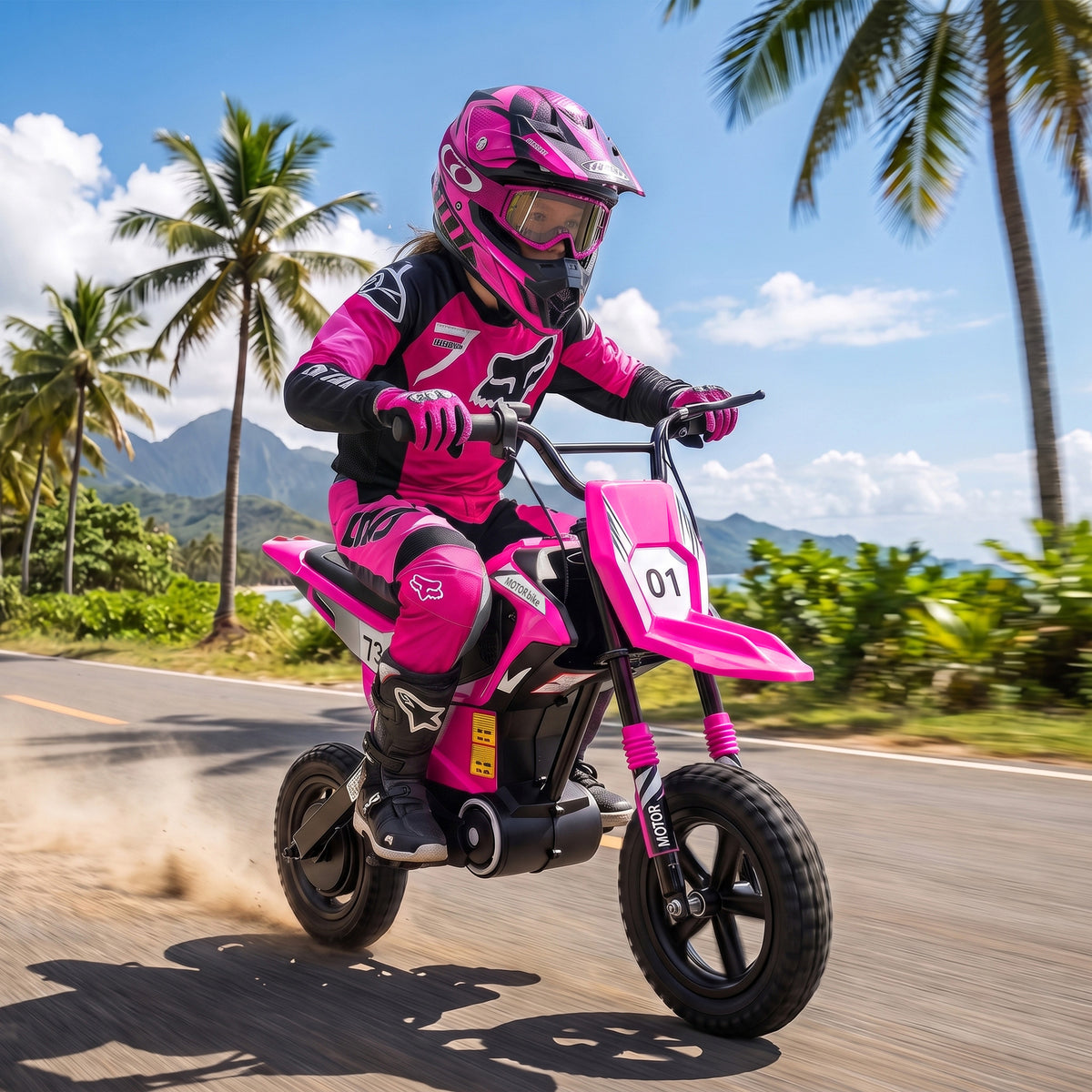 24V Kids Electric Motorcycle with 180W Brushless Motor, Suspension, Soft Start, 12" Rubber Tires for 6+ Years, Pink