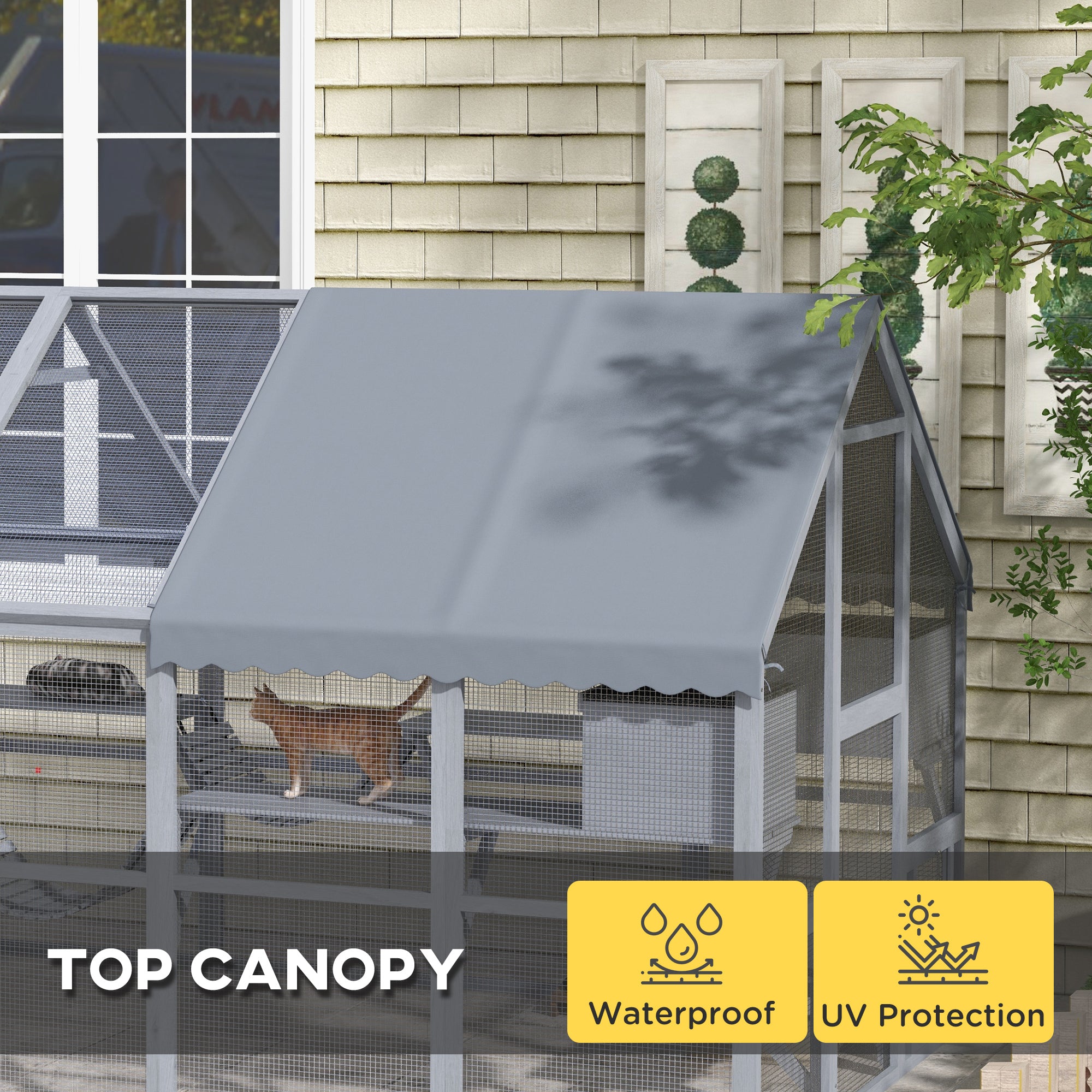 Wooden Catio Outdoor Cat Enclosure with Waterproof Cover, 2 Condos, 6 Platforms, Bridge, Doors, Gray - Gray - Image 6