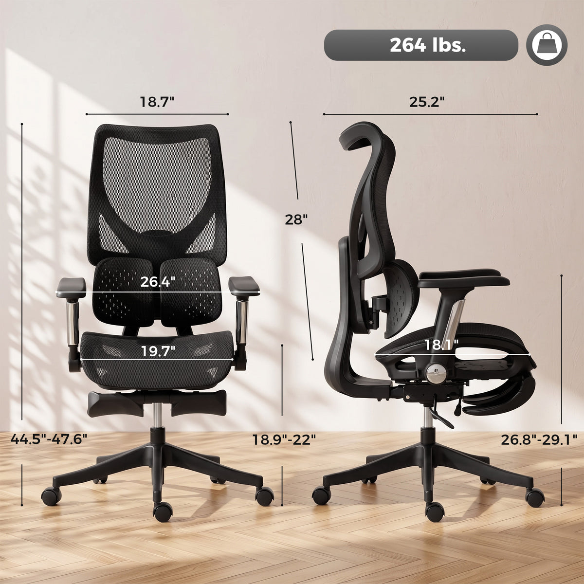 Ergonomic Office Chair with Lumbar Support, Mesh Reclining Desk Chair with Footrest, Adjustable High Back, Black