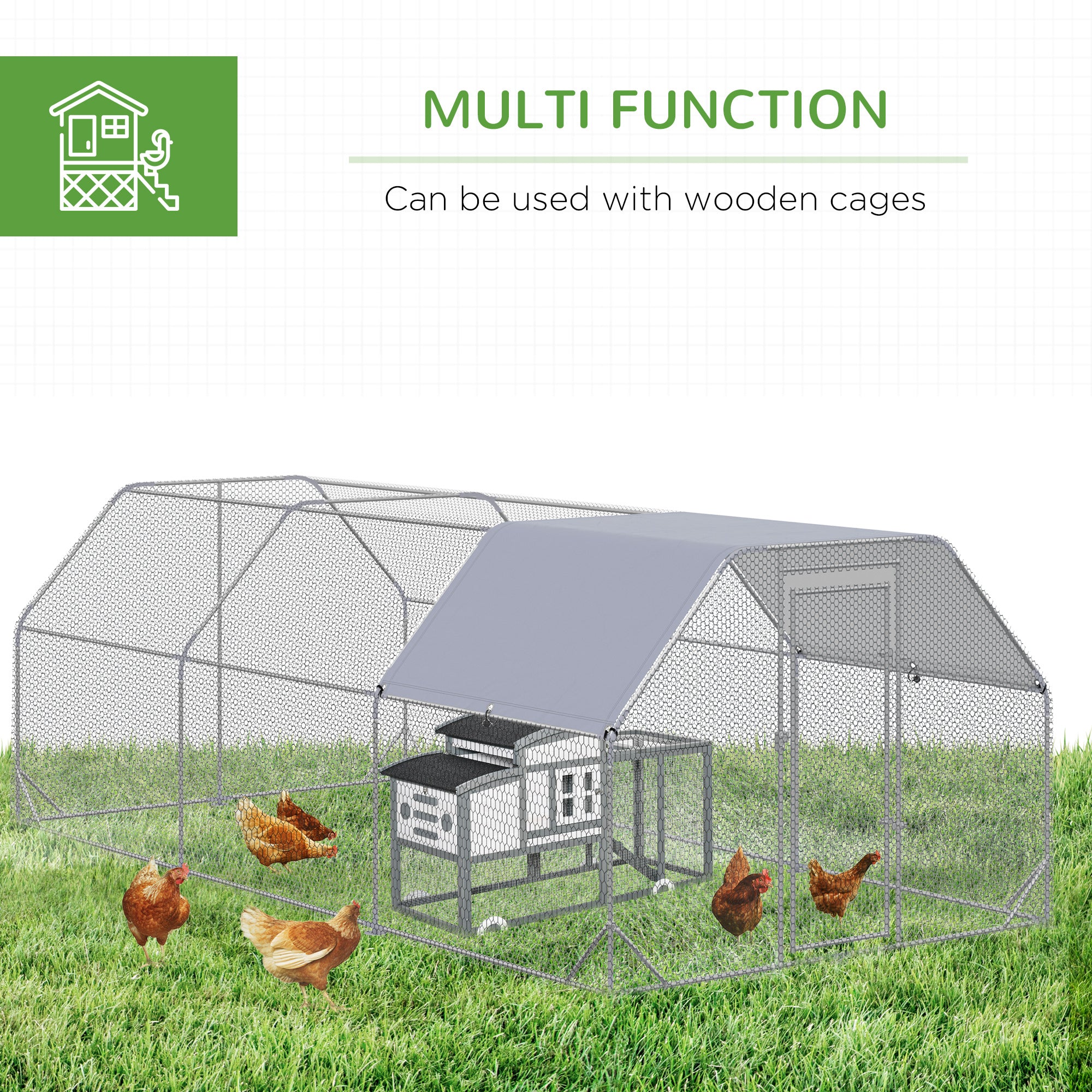 Large Chicken Coop Metal Chicken Run with Waterproof and Anti-UV Cover, Flat Shaped Walk in Fence Cage Hen House for Outdoor and Yard Farm Use, 1" Tube Diameter, 9.2' x 18.7' x 6.4' - Silver - Image 6