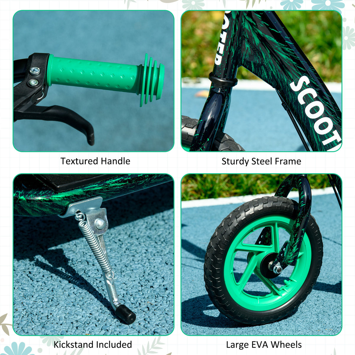 Kids Scooter with Adjustable Handlebar, Kids Kick Scooter with Non-slip Footplate, Rear Brake, 12" EVA Wheels, Green