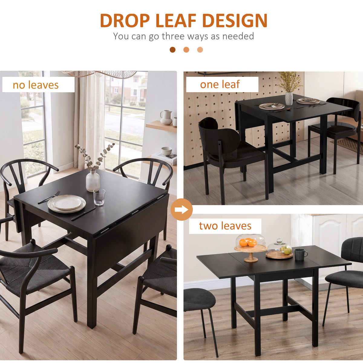 Solid Wood Kitchen Table, Drop Leaf Tables for Small Spaces, Folding Dining Table, Black