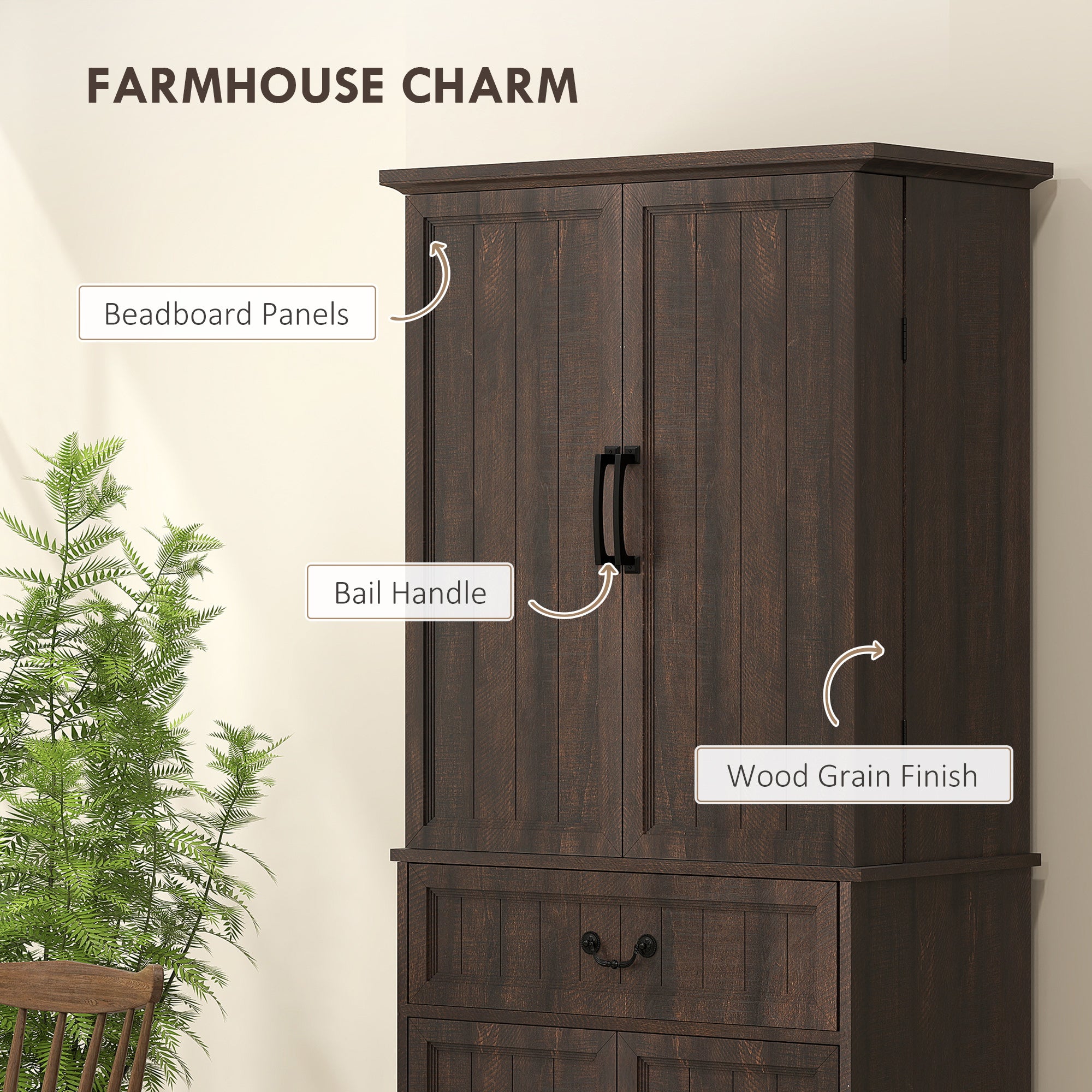 71" LED Kitchen Pantry Cabinet, Farmhouse Storage Cabinet with Door Shelves, Distressed Brown