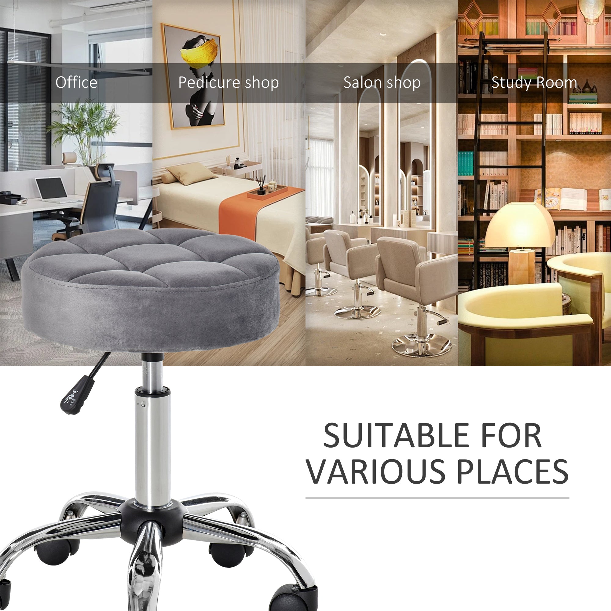 Round Rolling Stool with Height Adjustable Lift, Vanity Chair with Luxury Style Upholstery, Office Chair with Swivel Seat and Wheels for Work Spa Salon, Grey