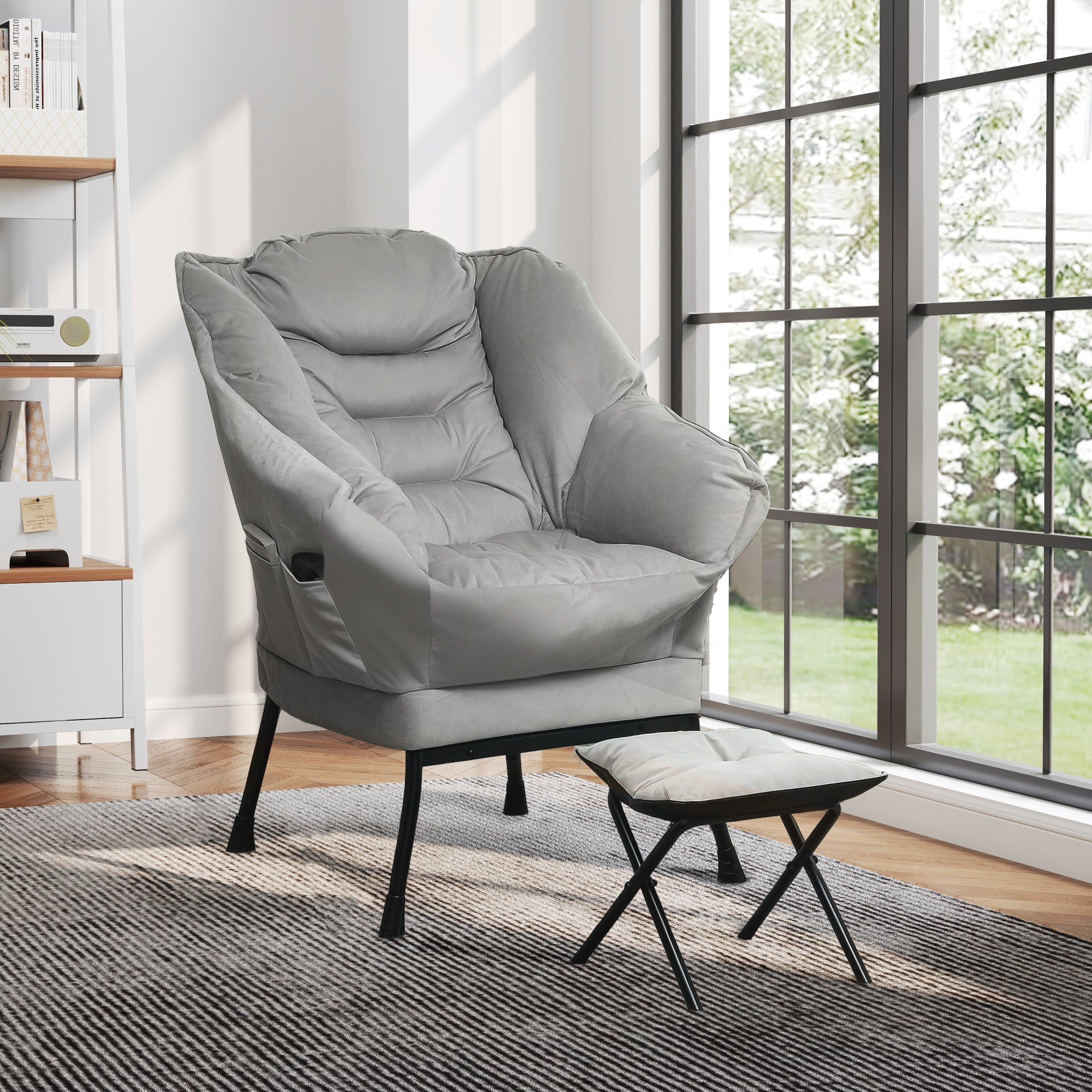 Lazy Chair and Ottoman Set, Fabric Upholstered Accent Chair with Side Pockets, for Living Room, Bedroom, Light Gray