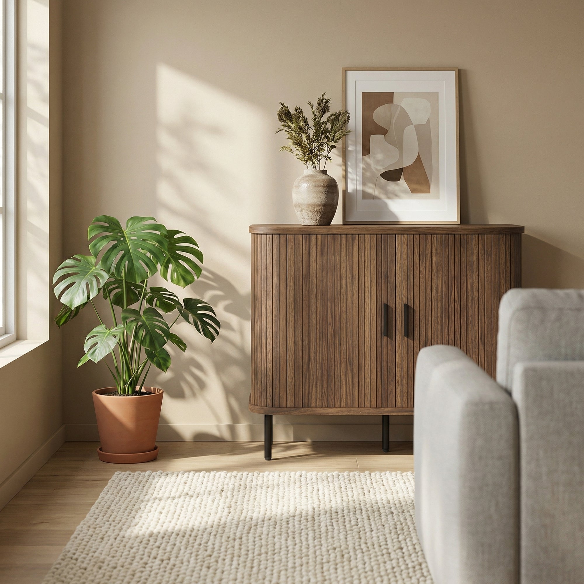 35.4" Sideboard Buffet Cabinet with Storage, Nordic Coffee Bar Cabinet with Slatted Tambour Doors and Metal Legs, Walnut