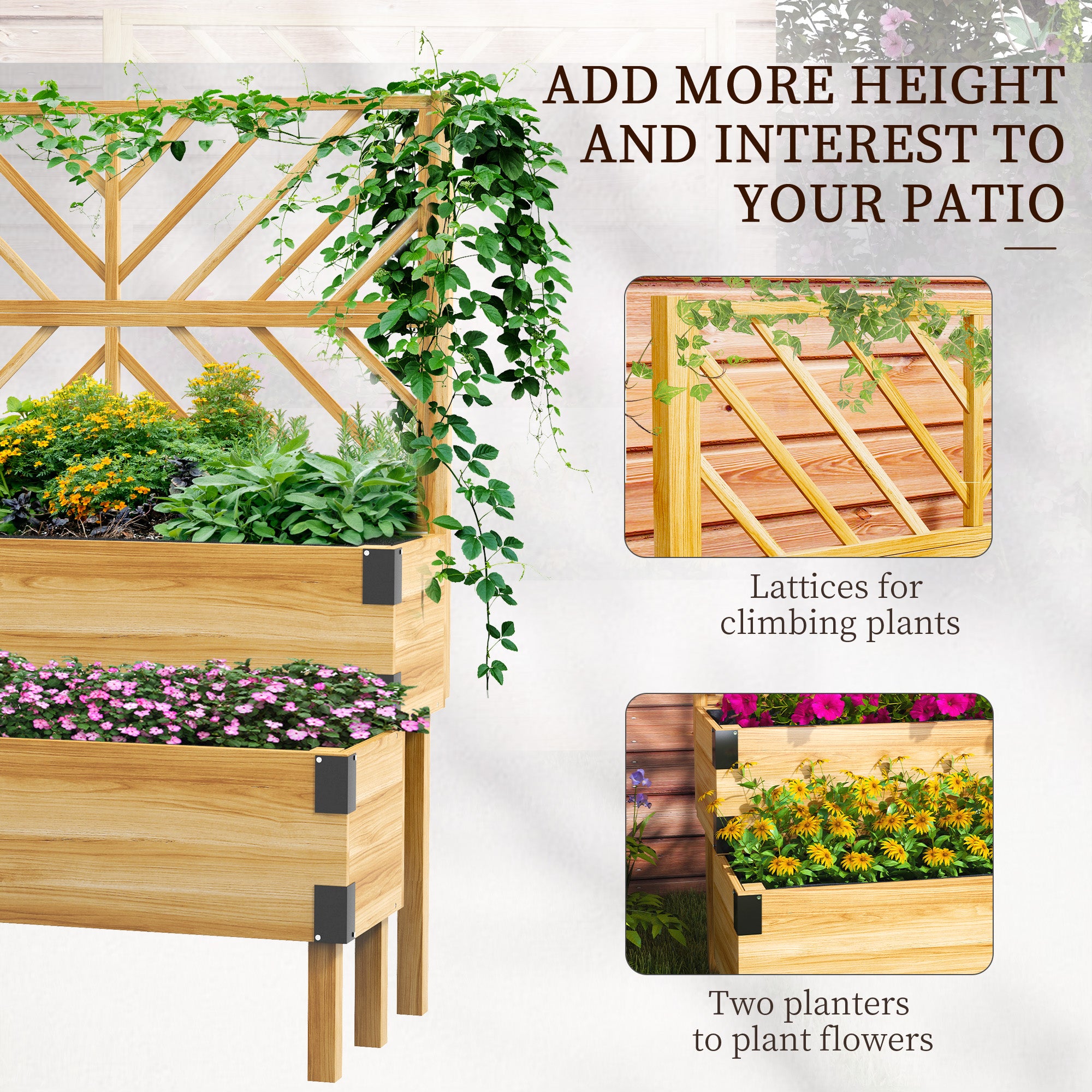 2 Tier Trellis Planter, Wooden Raised Garden Bed, Natural - Natural Wood - Image 4