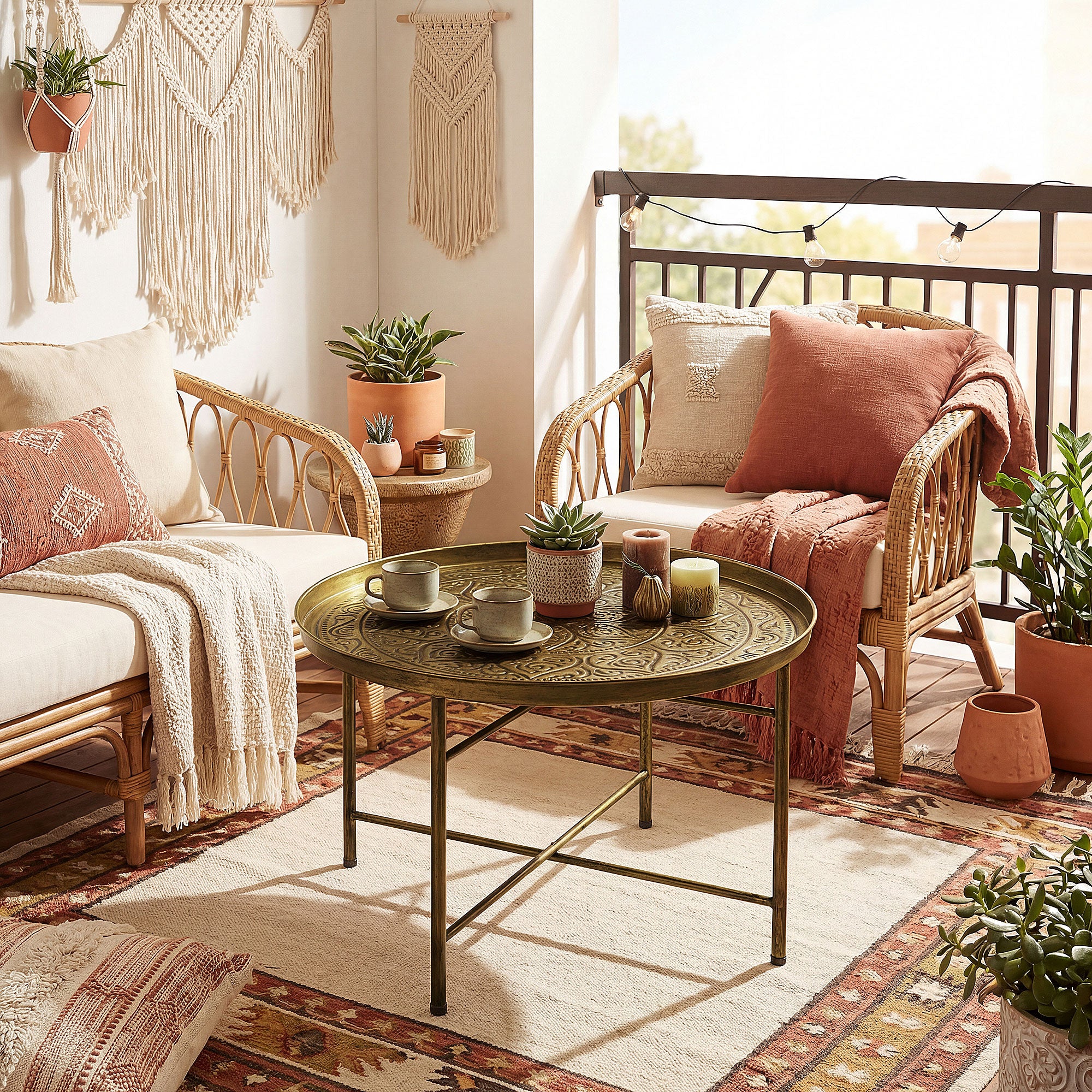 Coffee Table for Living Room, 24" Round Center Table with Hammered Tray Top and Metal Frame for Bedroom, Gold