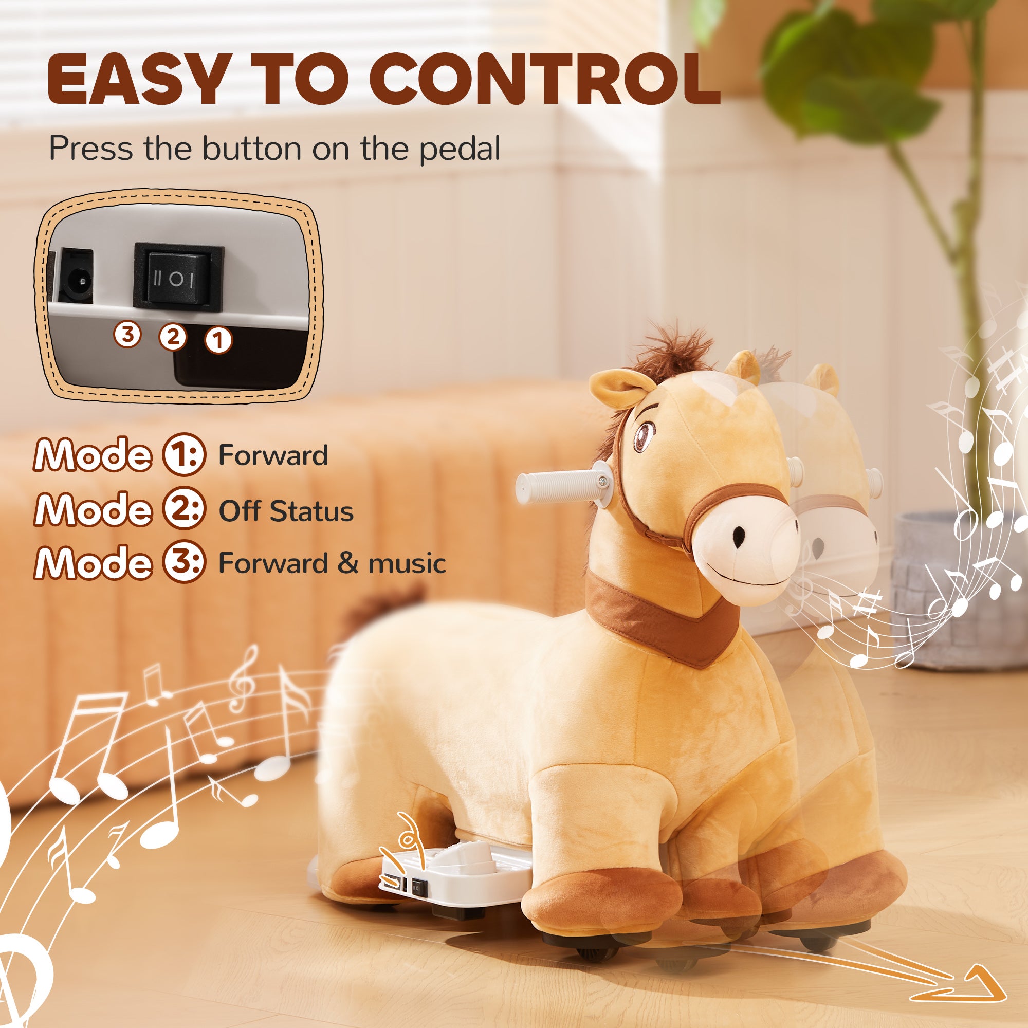 Battery Powered Electric Ride on Pony, 6V Ride on Horse w/ with Music Forward, PU Wheels, Aged 18-36 Months, Brown