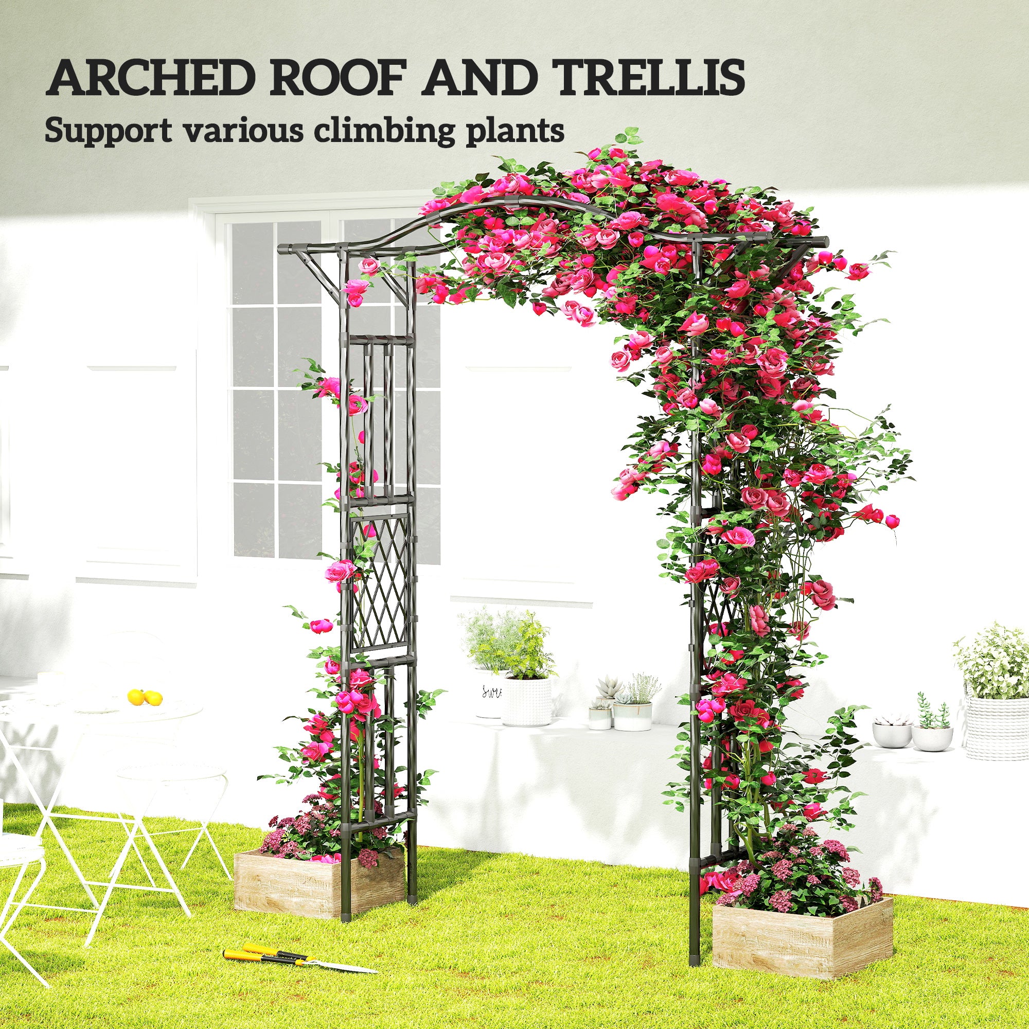 Garden Arch, PE-Coated Steel Garden Arch Trellis with Extended Top, Black - Black - Image 4