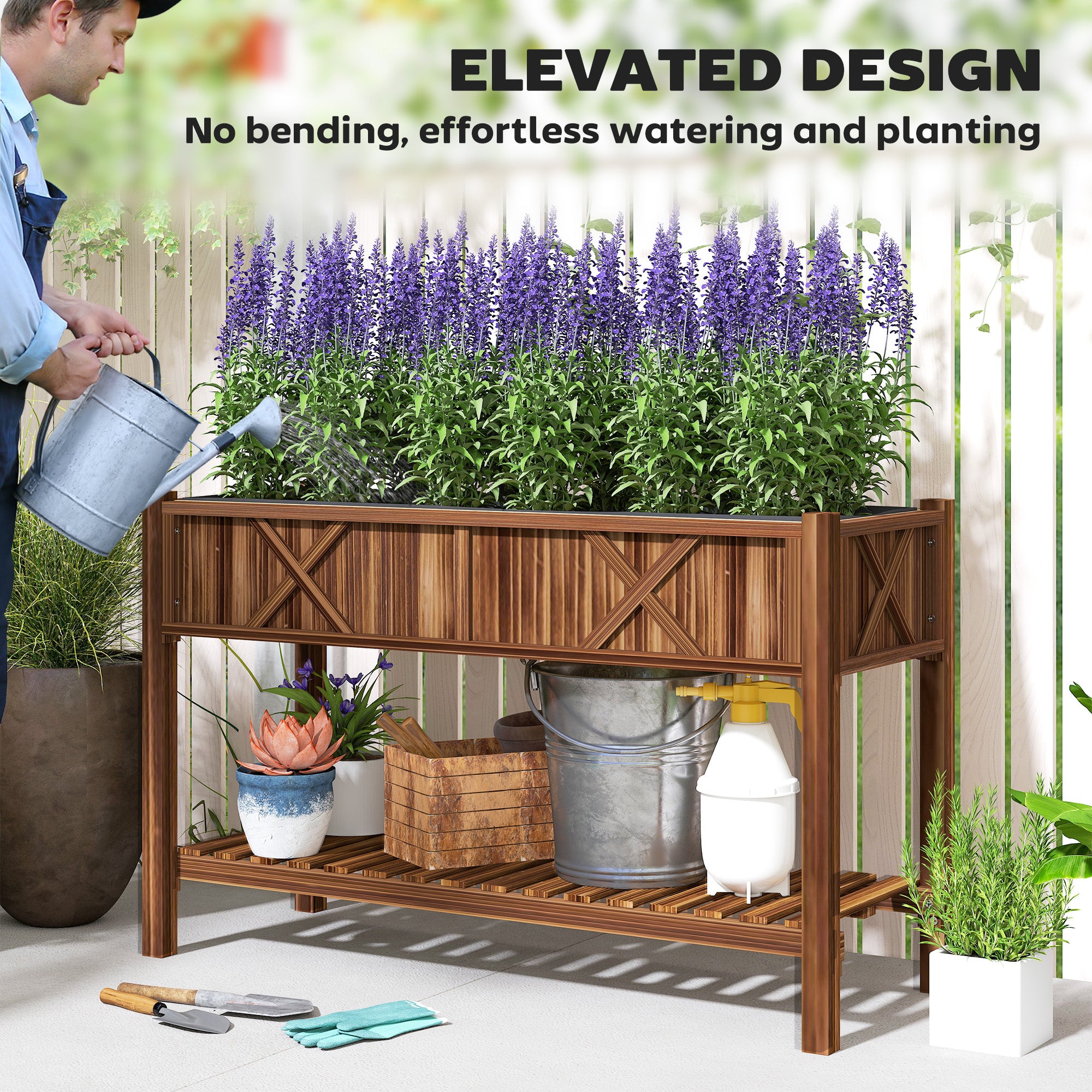 Raised Garden Bed, 47 x 22 x 31.5 in Elevated Wood Planter Box with Storage Shelf, Drainage Holes and Liner, Carbonized - Carbonized - Image 6