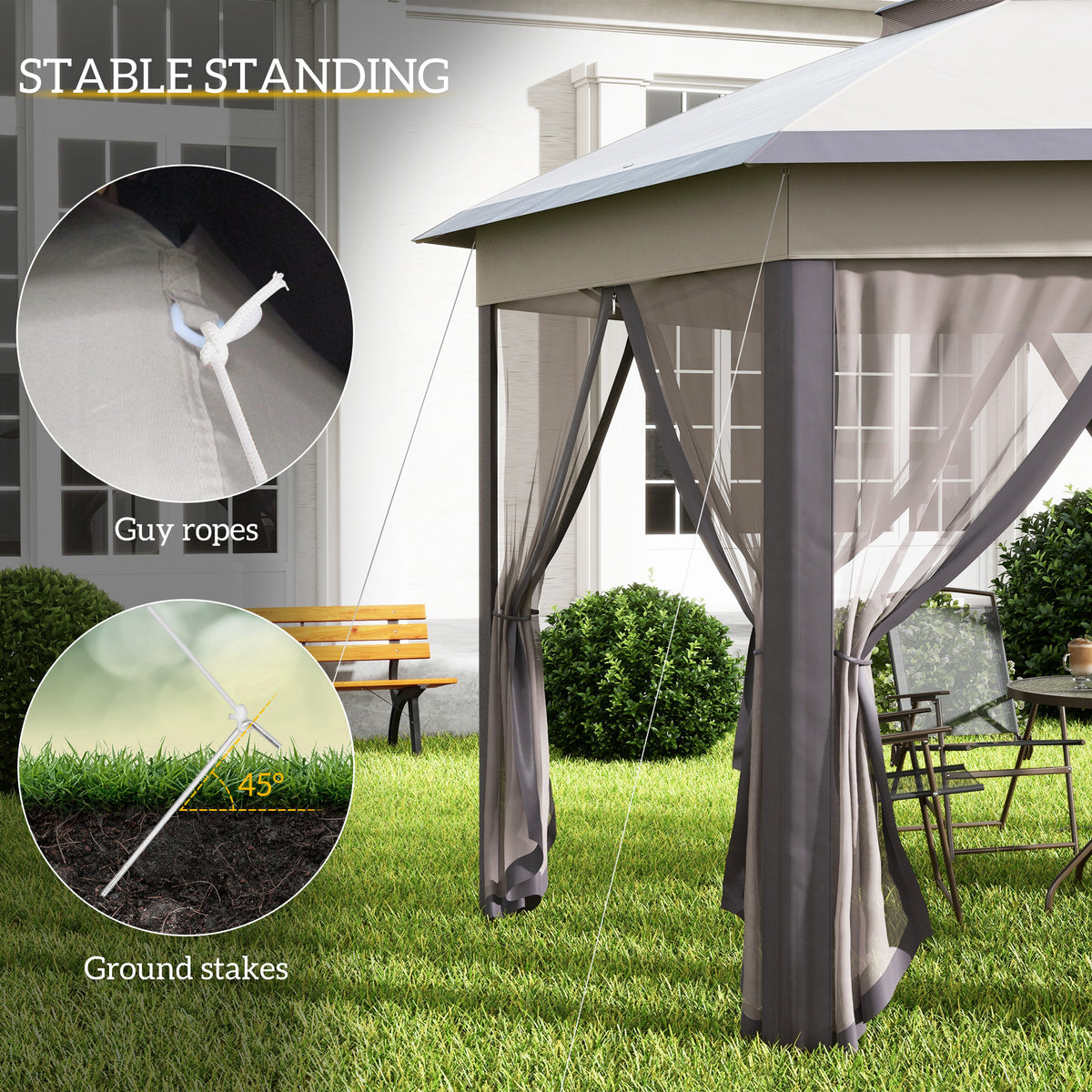 13' x 13' Pop Up Gazebo Hexagonal Canopy Shelter with 6 Zippered Mesh Netting for Patio Backyard Garden Wedding Party