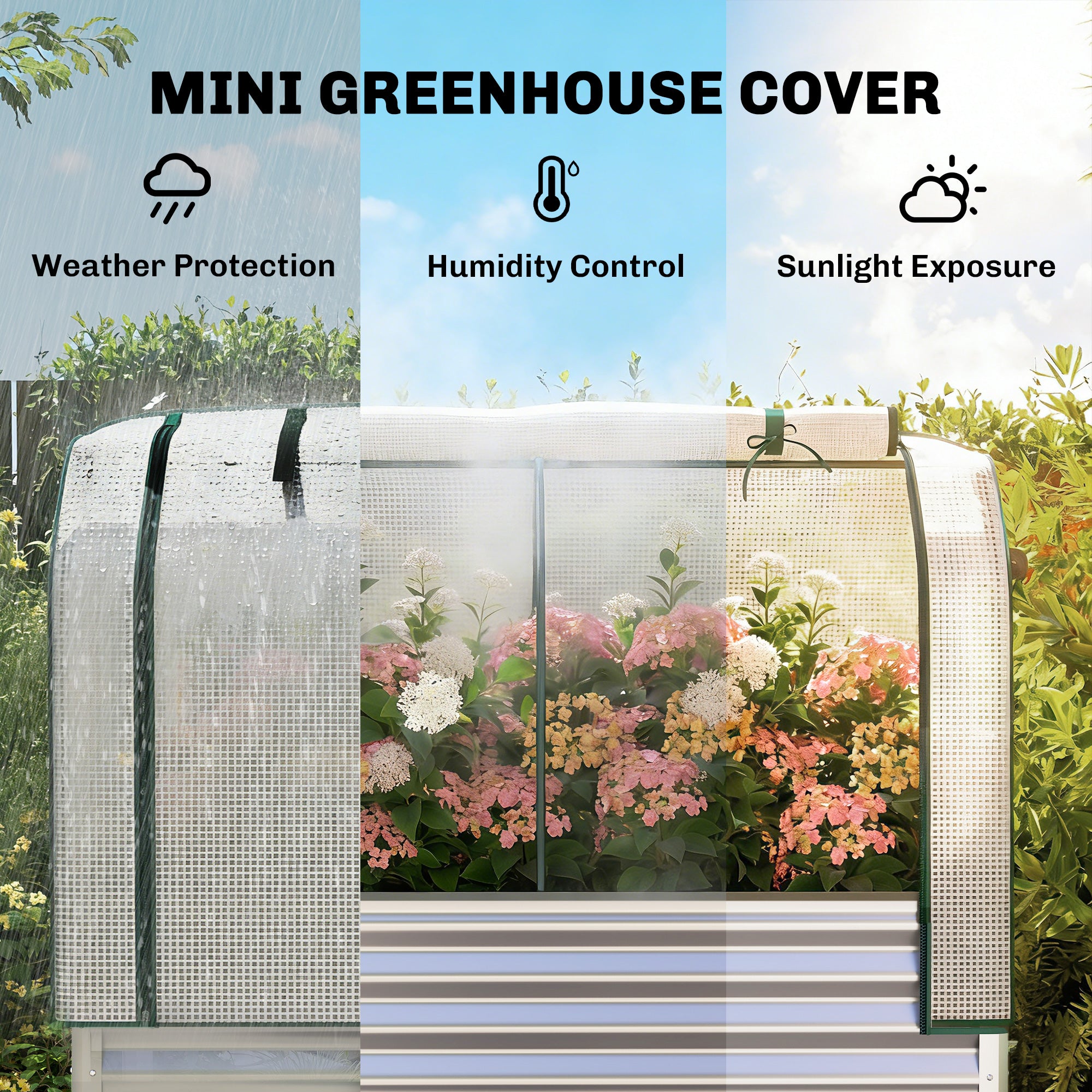 Galvanised Raised Garden Bed with Greenhouse Cover, Metal Elevated Garden Bed with Bed Liner, Bottom Shelf, Silver - Silver - Image 4
